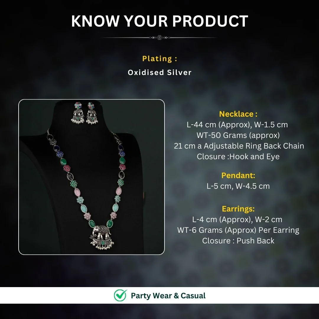 Wonderful Collection Of Oxidised Elephant Pendant Long Necklace Jewellery Set with Pearl Drops For Festive Occassions - Sasitrends - Image 6
