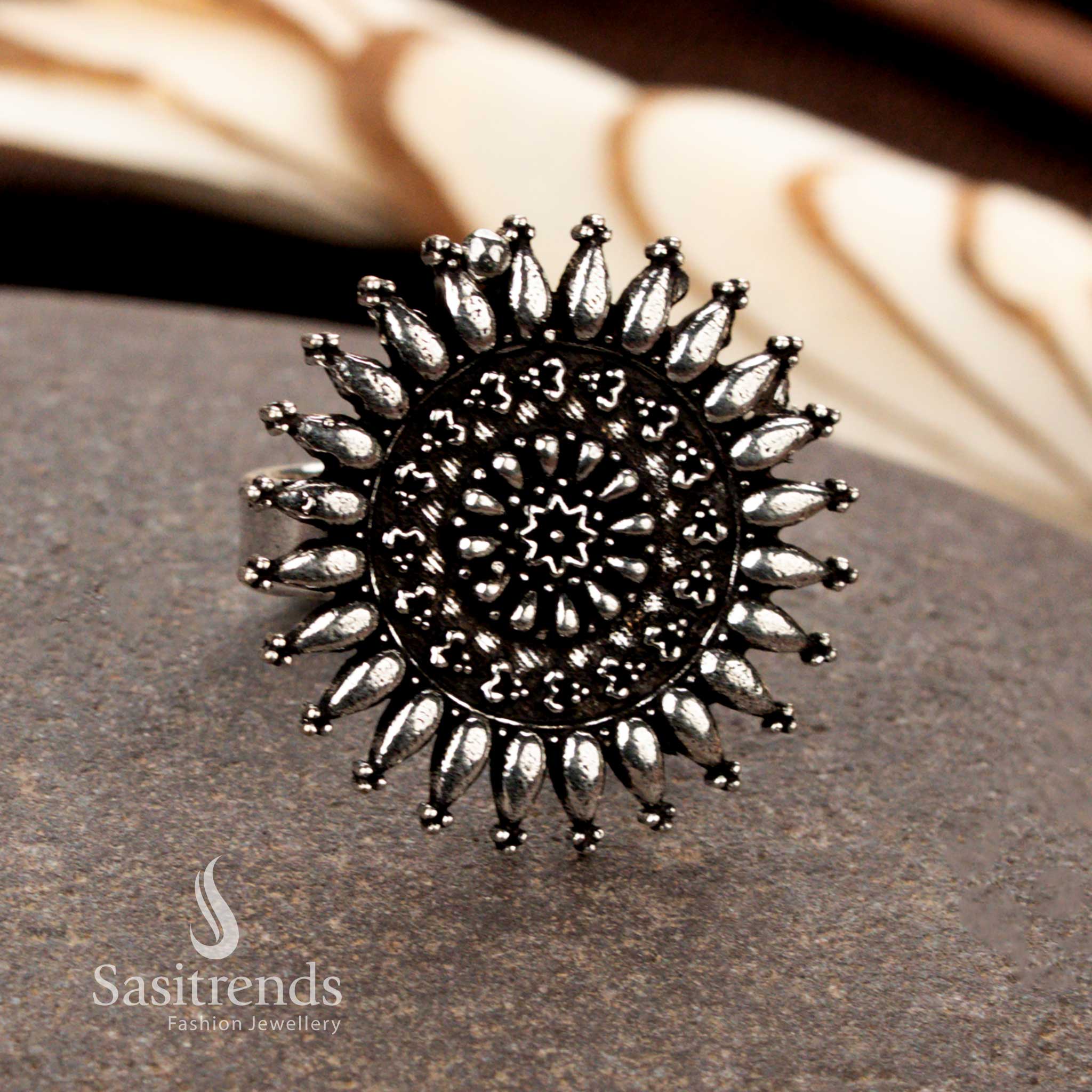 Collection of  Unique Oxidised Adjustable Rings Featuring Floral, Tribal, Peacock, and Swirl Designs – Traditional Wear Jewellery - Sasitrends - Image 2