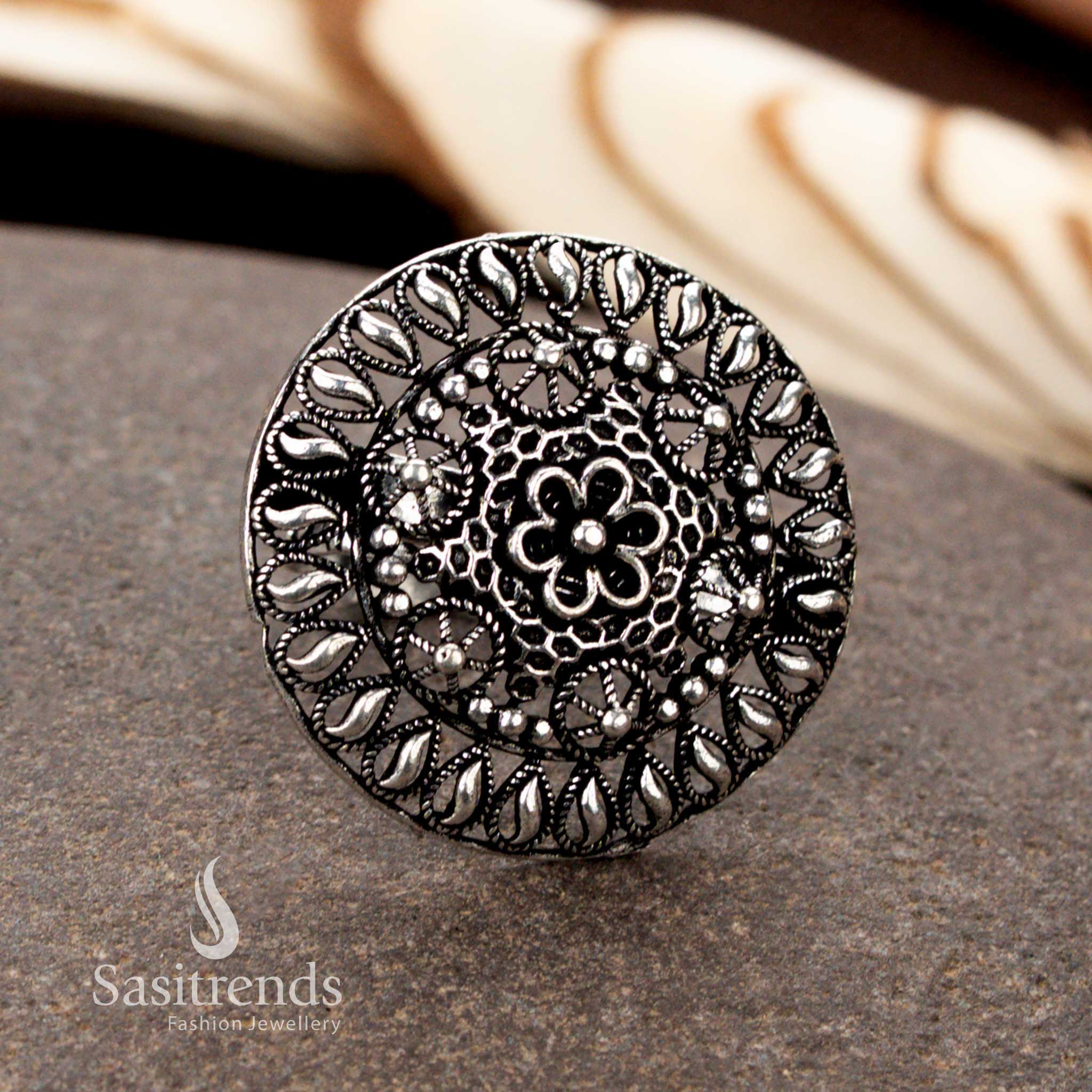 Collection of  Unique Oxidised Adjustable Rings Featuring Floral, Tribal, Peacock, and Swirl Designs – Traditional Wear Jewellery - Sasitrends - Image 3