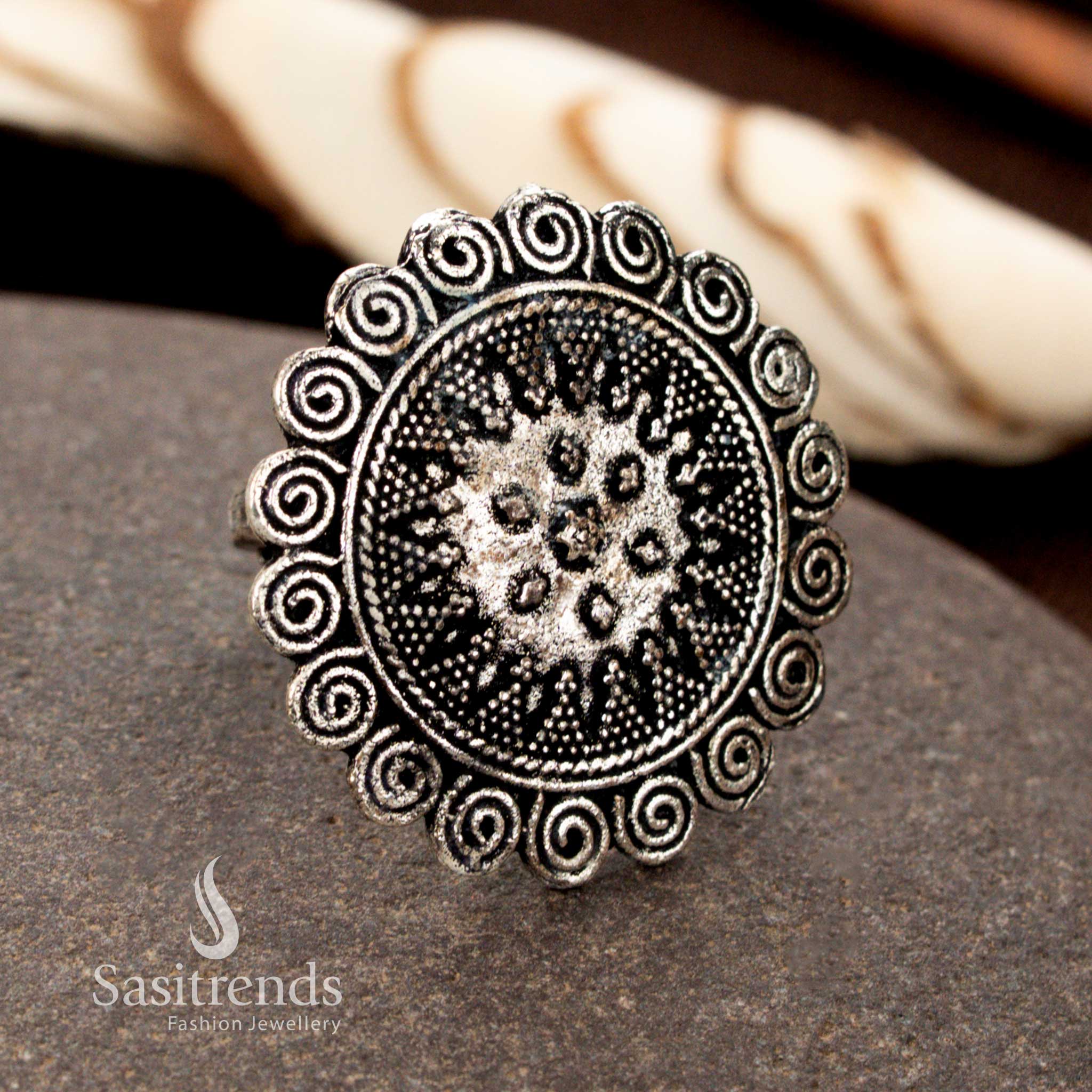 Collection of  Unique Oxidised Adjustable Rings Featuring Floral, Tribal, Peacock, and Swirl Designs – Traditional Wear Jewellery - Sasitrends - Image 7