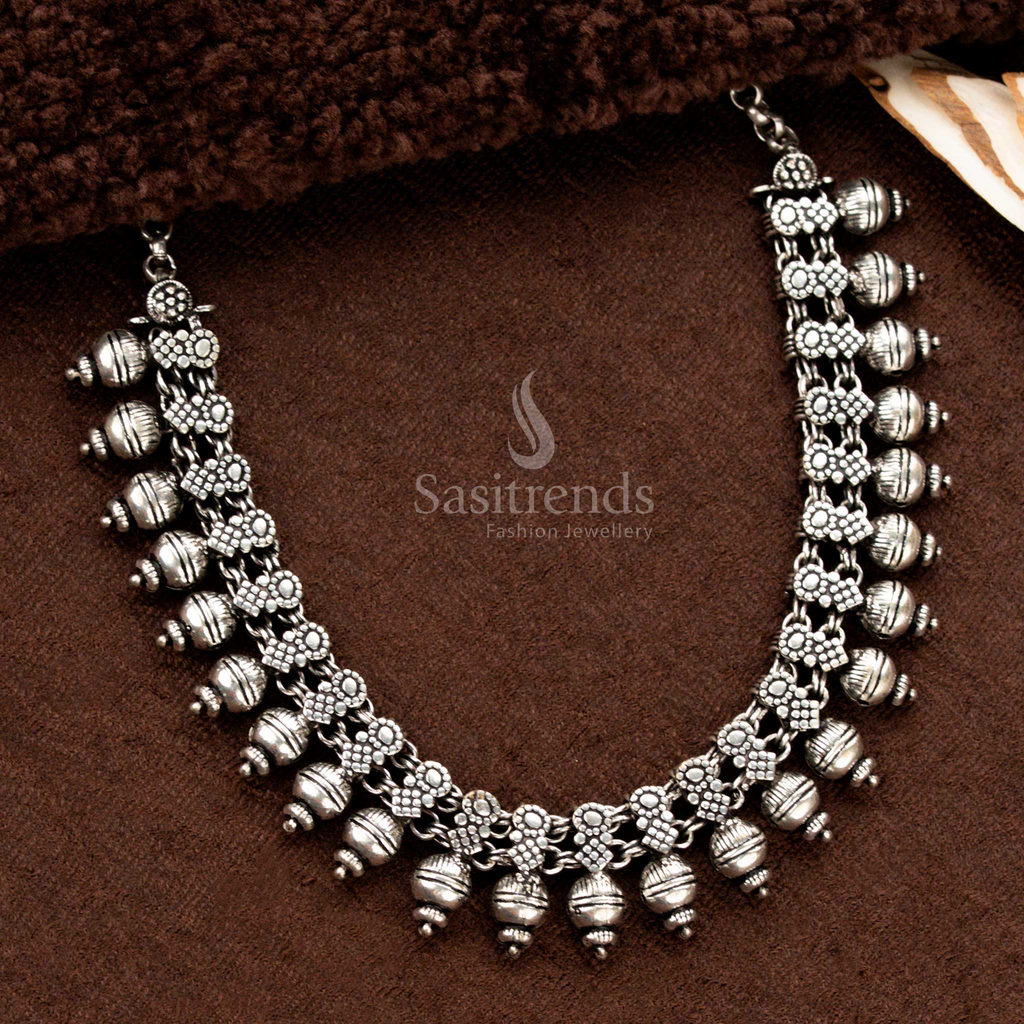 Gorgeous Oxidised German Silver Floral Motif Necklace with Dome Shaped Hanging Beads – Traditional Kolapuri Inspired Ethnic Jewellery - Sasitrends