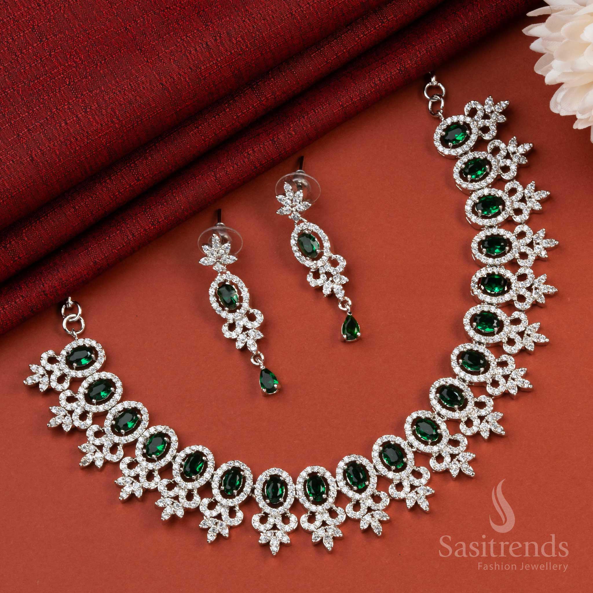 Latest Trendy Party Wear American Diamond Necklace Jewellery Set with Flower Motif - Sasitrends - Image 3