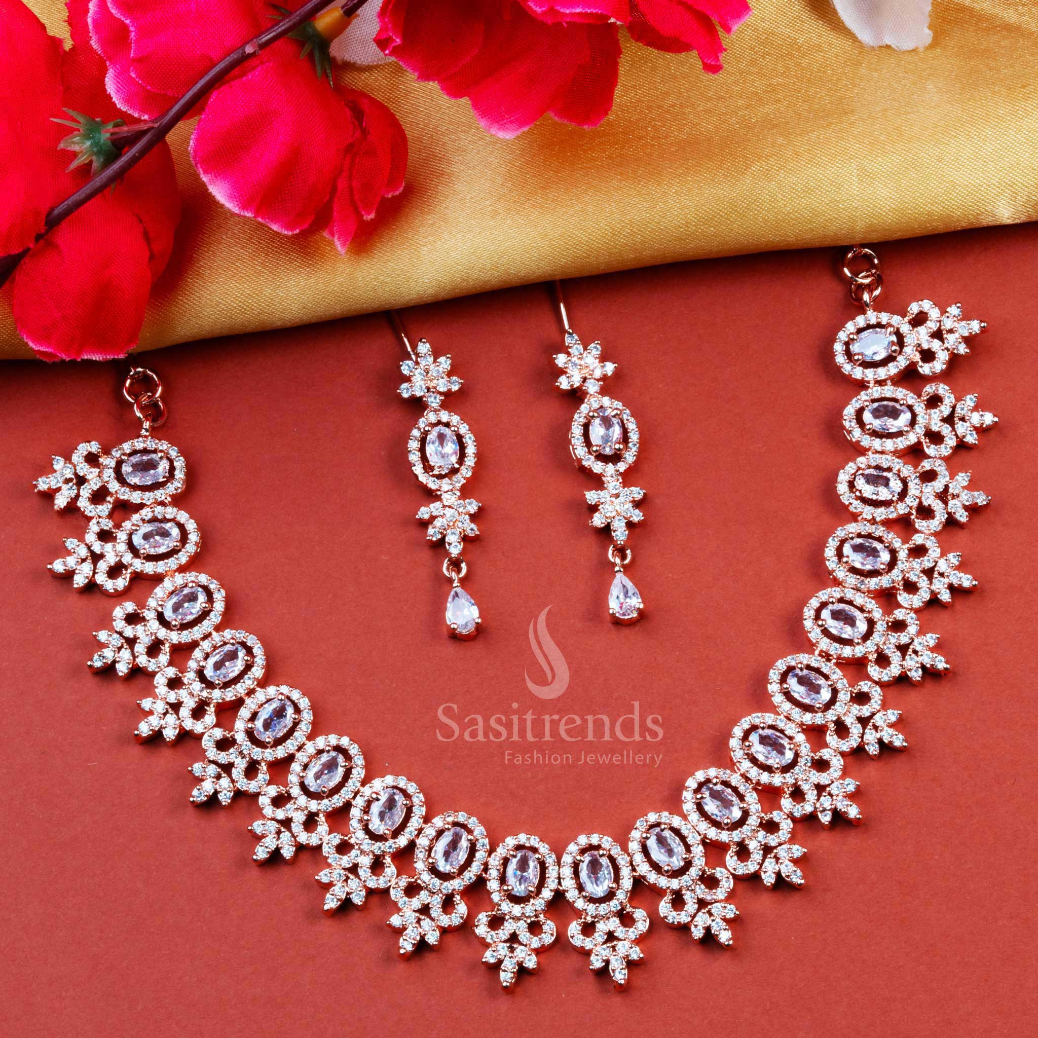 Latest Trendy Party Wear American Diamond Necklace Jewellery Set with Flower Motif - Sasitrends - Image 8
