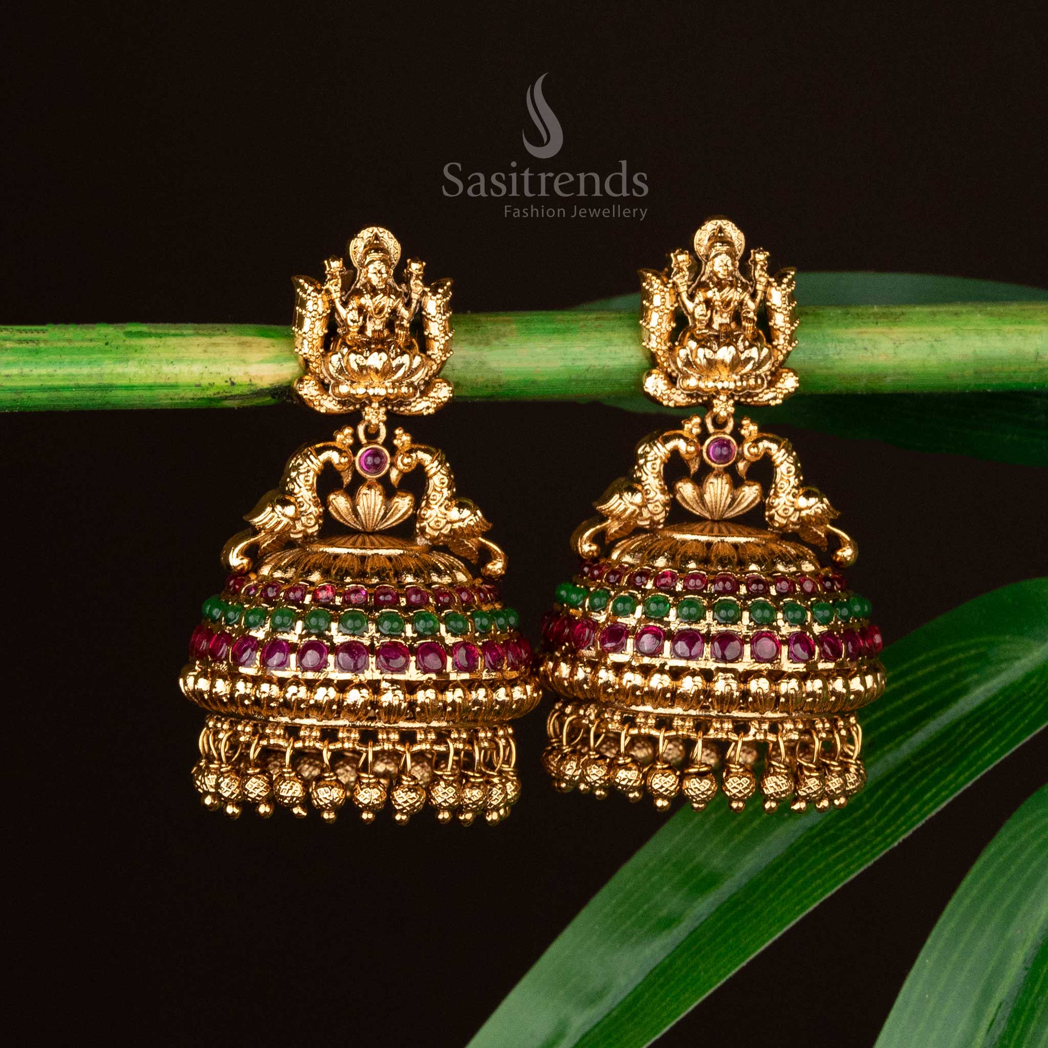 Sasitrends - Attractive Premium Temple Matte Gold-Plated Peacock and Lakshmi Big Bridal Jhumka Earrings - Image 2
