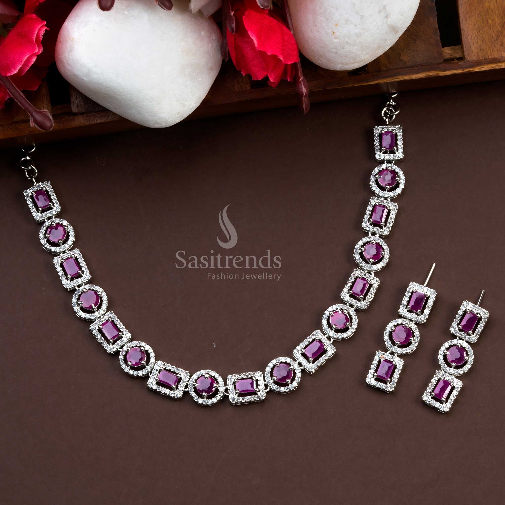 American Diamond Bridal Party Wear Necklace Set in Rhodium Silver & Rose Gold | Reception & Lehenga Jewellery
