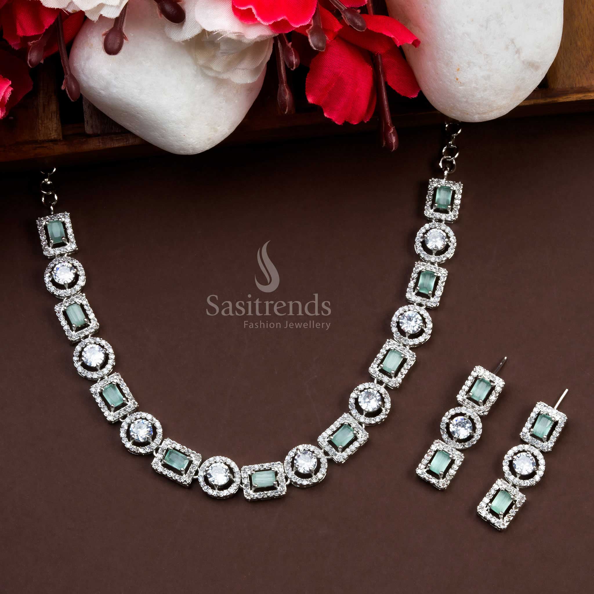 American Diamond Bridal Party Wear Necklace Set in Rhodium Silver & Rose Gold | Reception & Lehenga Jewellery - Image 4