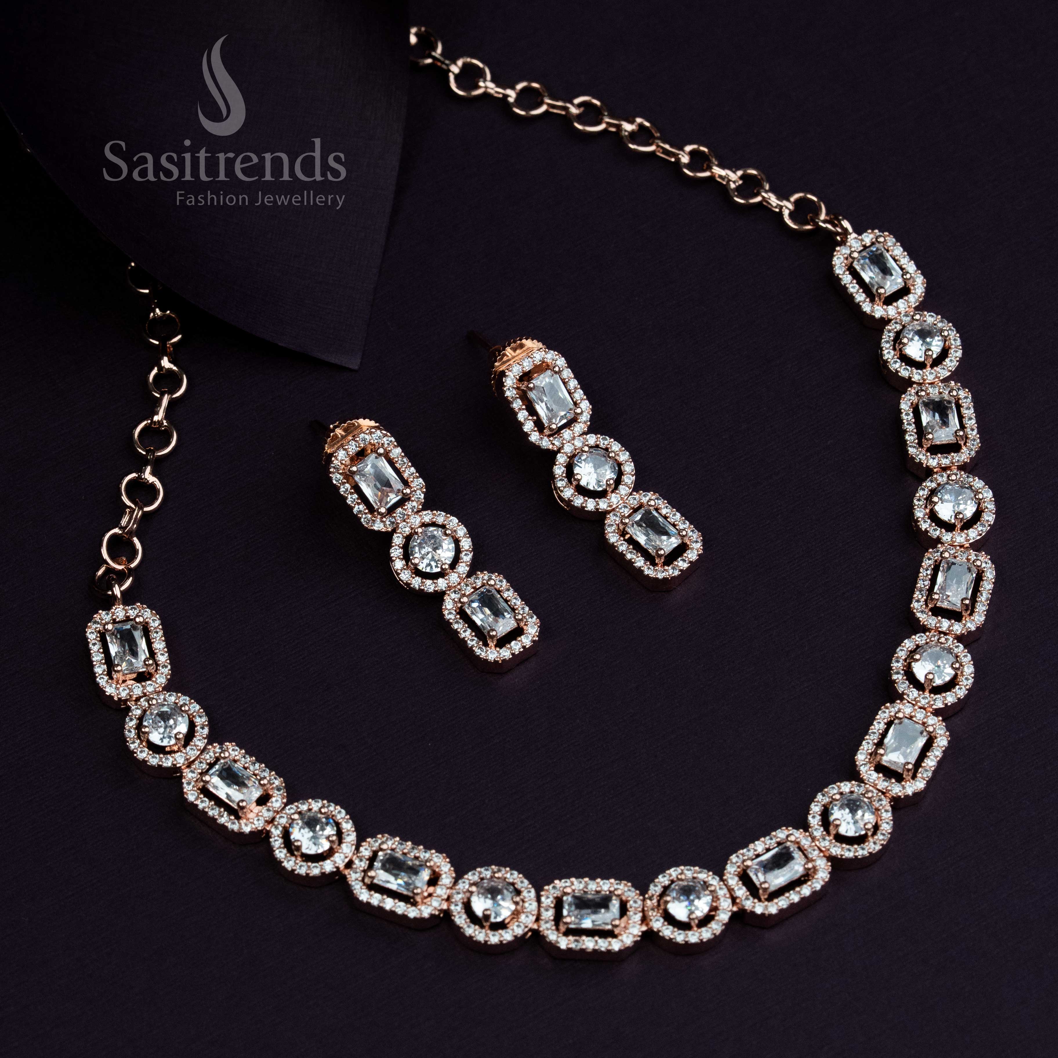 American Diamond Bridal Party Wear Necklace Set in Rhodium Silver & Rose Gold | Reception & Lehenga Jewellery - Image 5