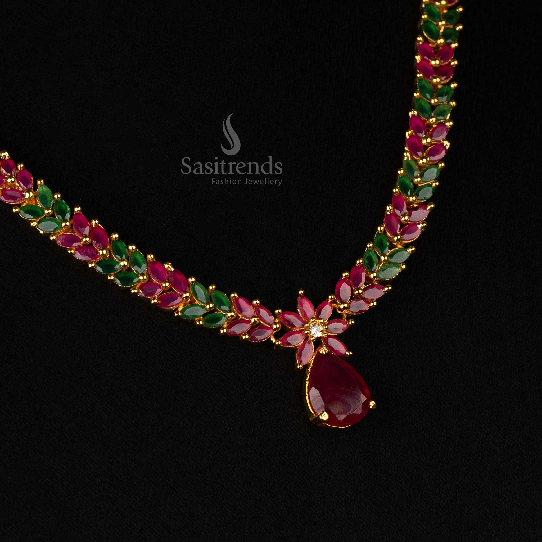 Exquisite Marquise Stone Leaf Pattern American Diamond Gold Plated Necklace Jewellery Set - Sasitrends - Image 10
