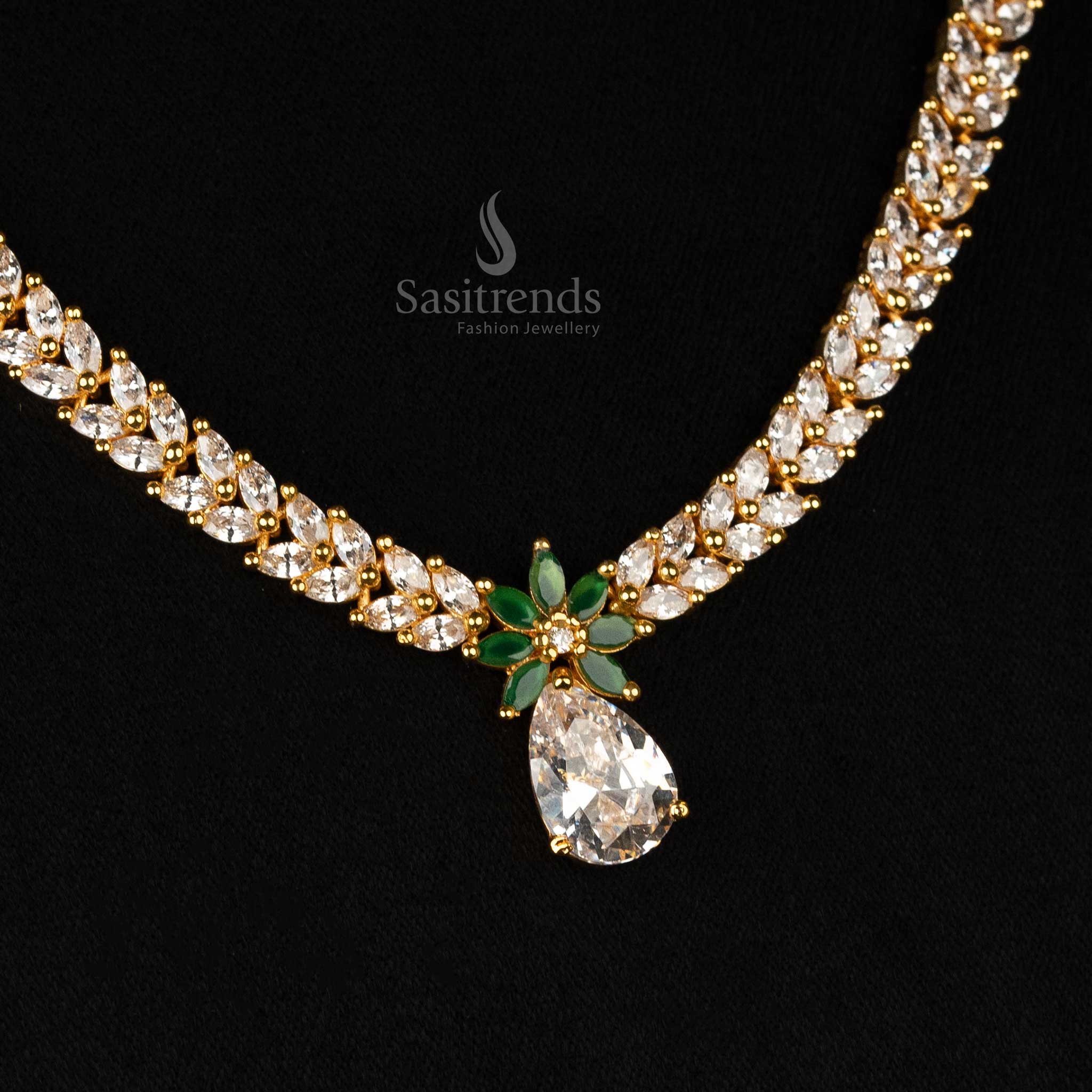 Exquisite Marquise Stone Leaf Pattern American Diamond Gold Plated Necklace Jewellery Set - Sasitrends - Image 12