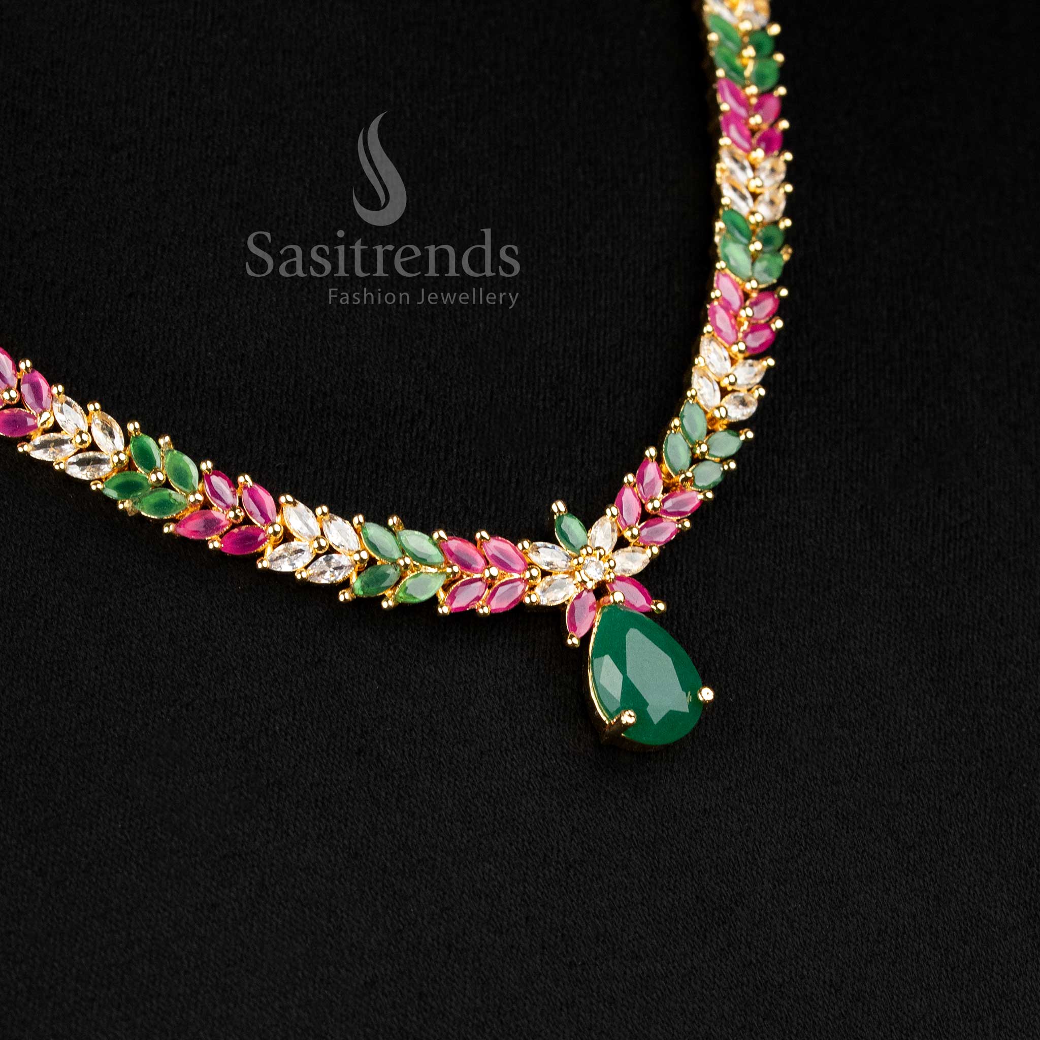 Exquisite Marquise Stone Leaf Pattern American Diamond Gold Plated Necklace Jewellery Set - Sasitrends - Image 15