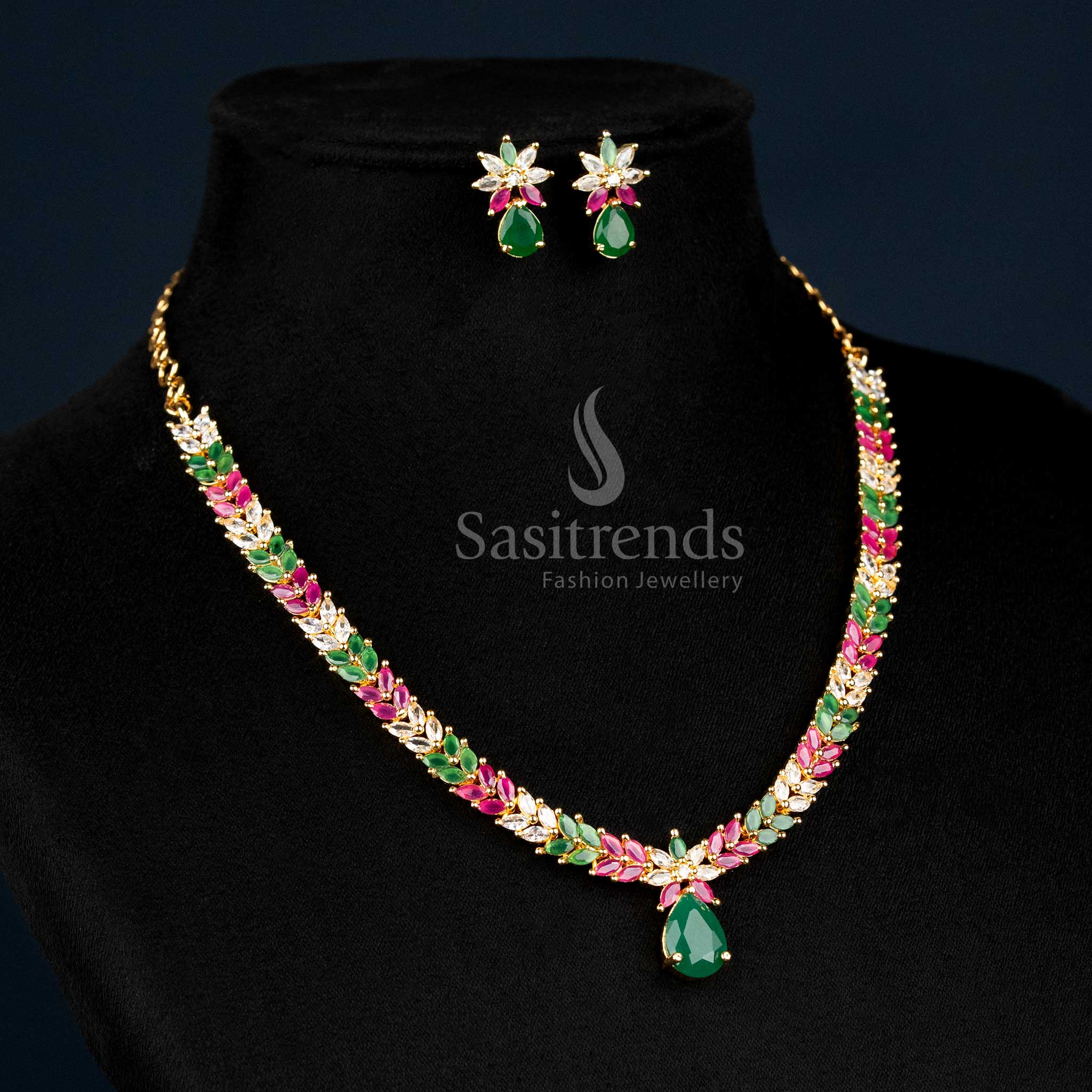 Exquisite Marquise Stone Leaf Pattern American Diamond Gold Plated Necklace Jewellery Set - Sasitrends - Image 16