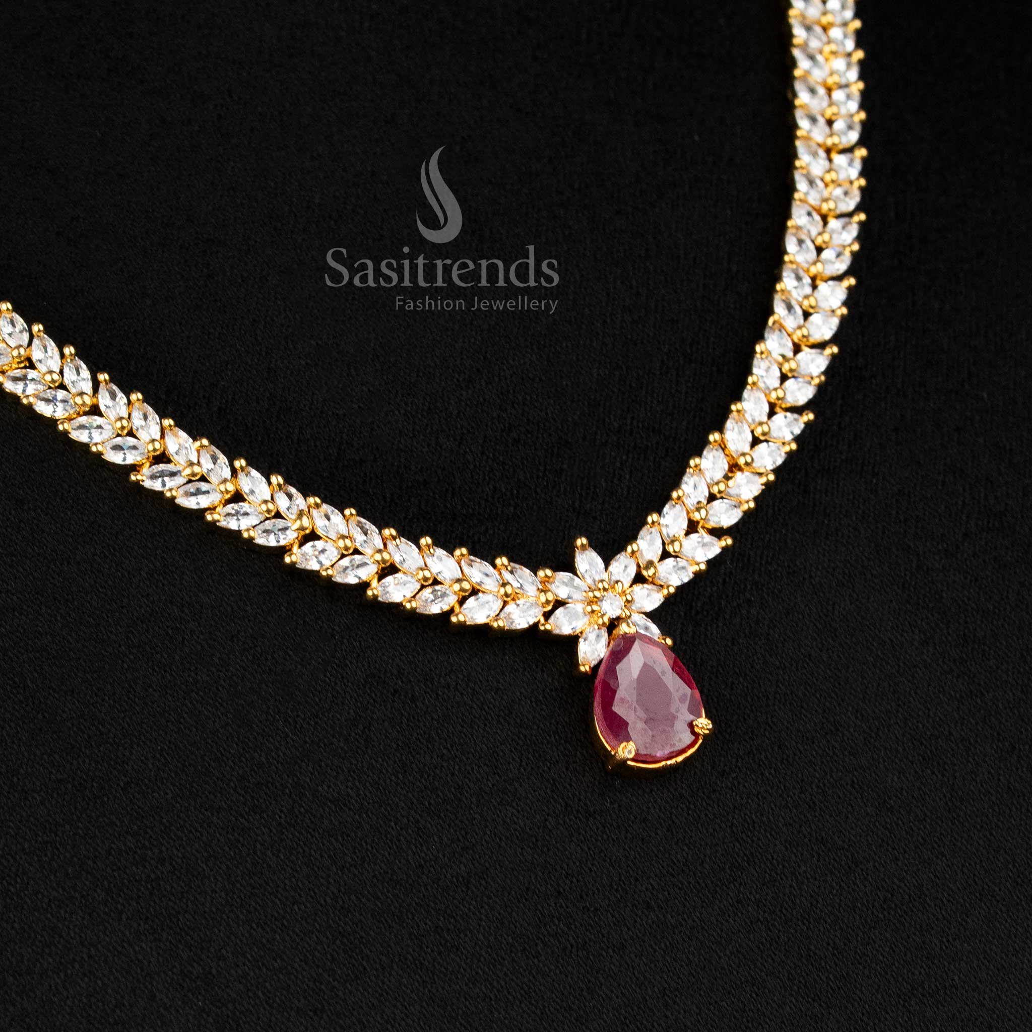 Exquisite Marquise Stone Leaf Pattern American Diamond Gold Plated Necklace Jewellery Set - Sasitrends - Image 18