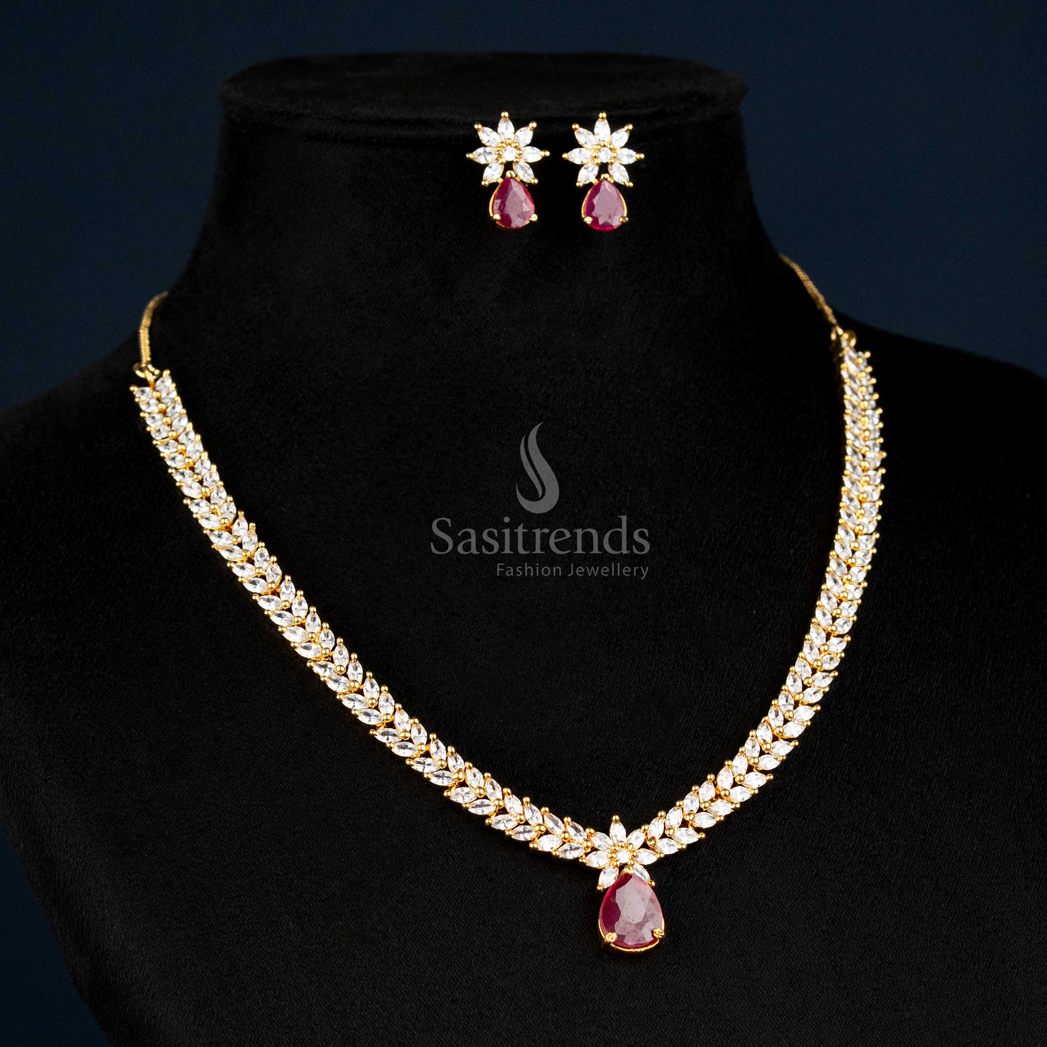 Exquisite Marquise Stone Leaf Pattern American Diamond Gold Plated Necklace Jewellery Set - Sasitrends - Image 19