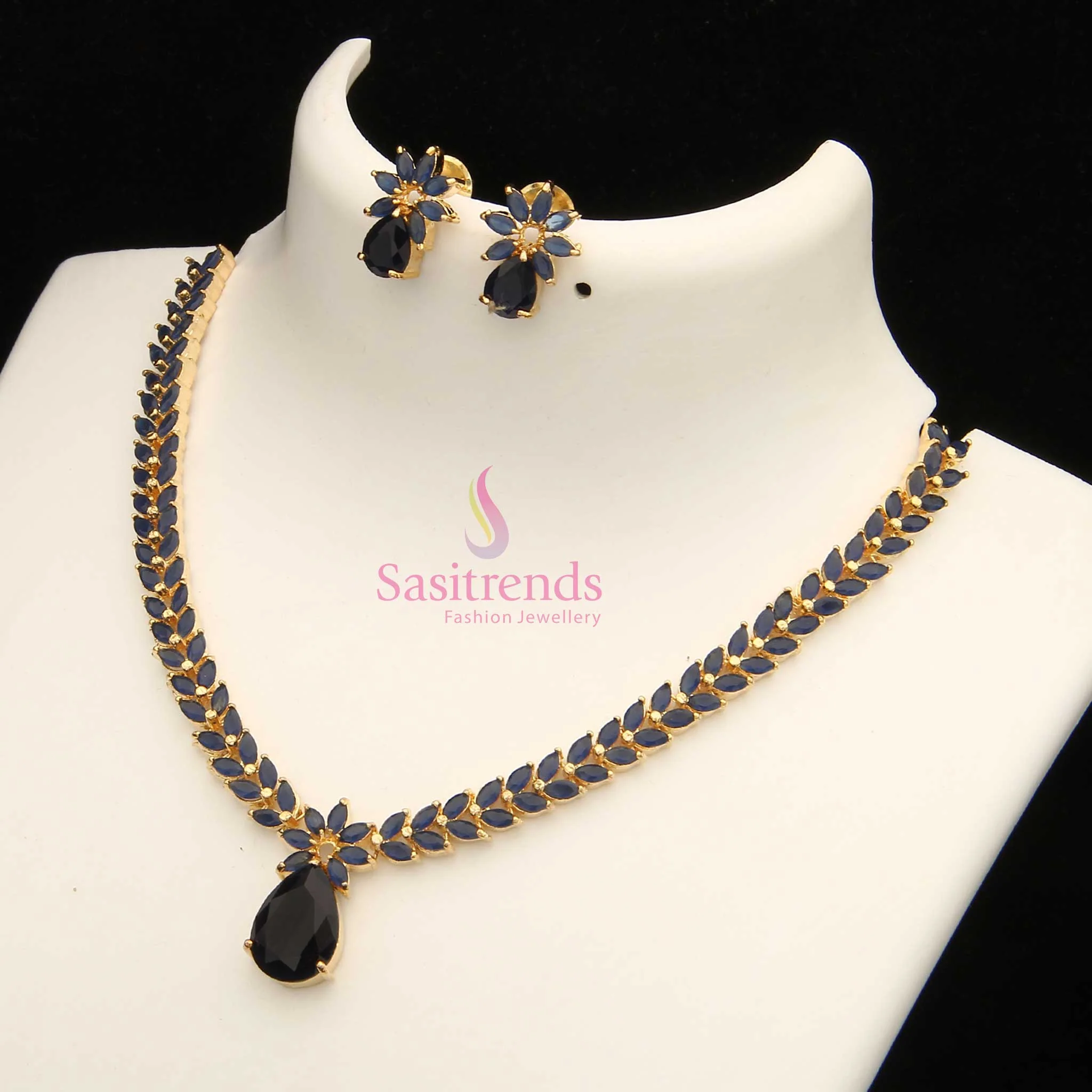 Exquisite Marquise Stone Leaf Pattern American Diamond Gold Plated Necklace Jewellery Set - Sasitrends - Image 21