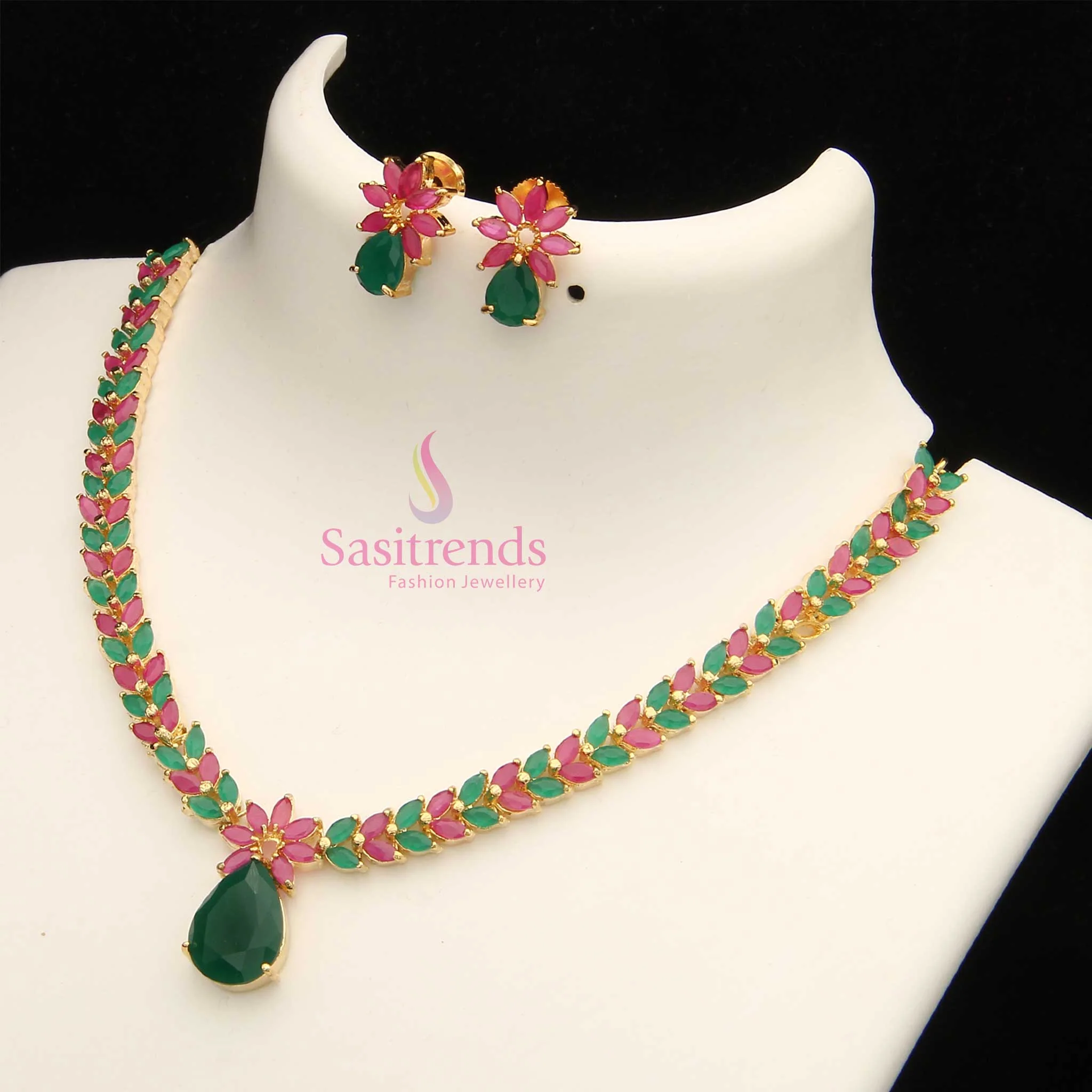 Exquisite Marquise Stone Leaf Pattern American Diamond Gold Plated Necklace Jewellery Set - Sasitrends - Image 22