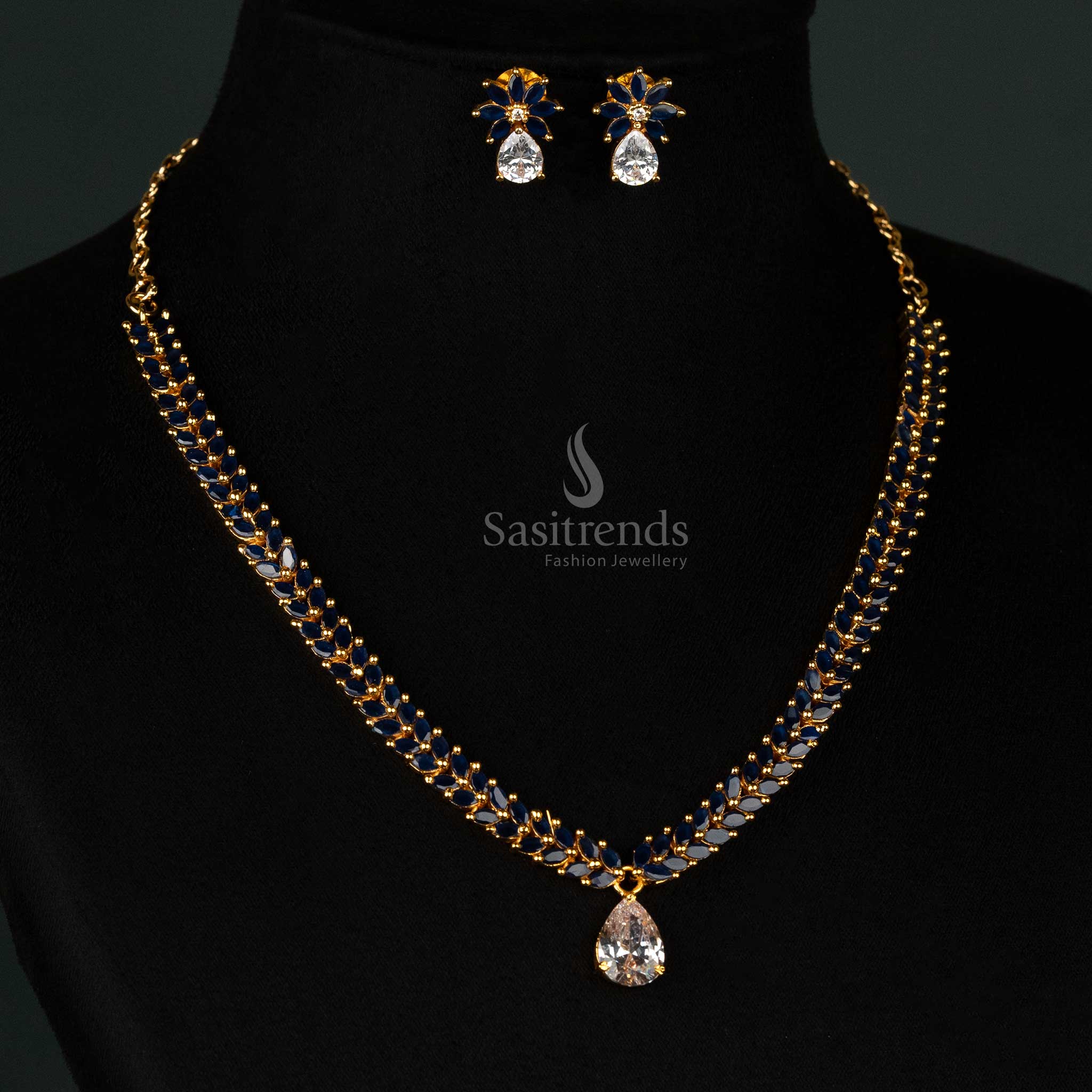 Exquisite Marquise Stone Leaf Pattern American Diamond Gold Plated Necklace Jewellery Set - Sasitrends - Image 3