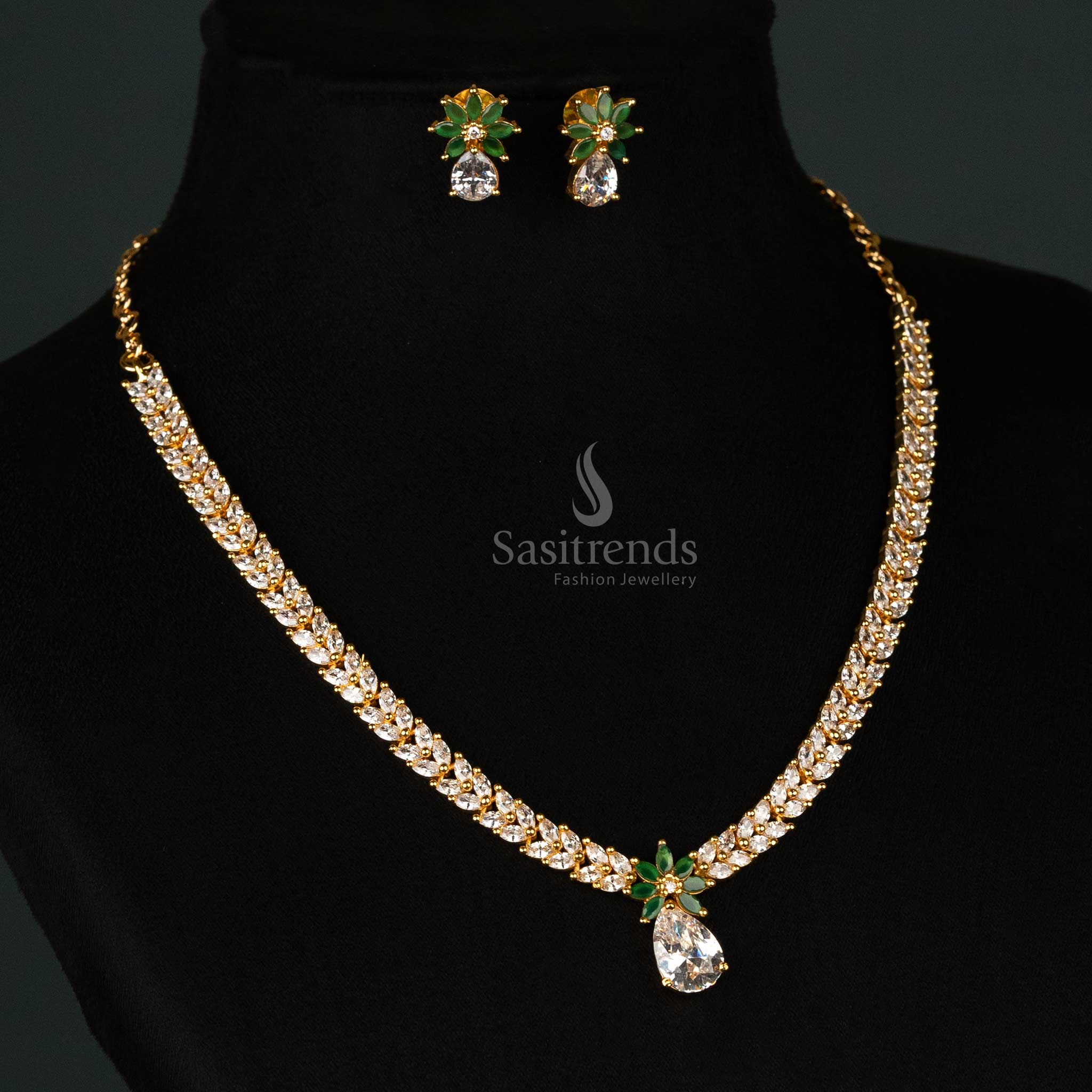 Exquisite Marquise Stone Leaf Pattern American Diamond Gold Plated Necklace Jewellery Set - Sasitrends - Image 4
