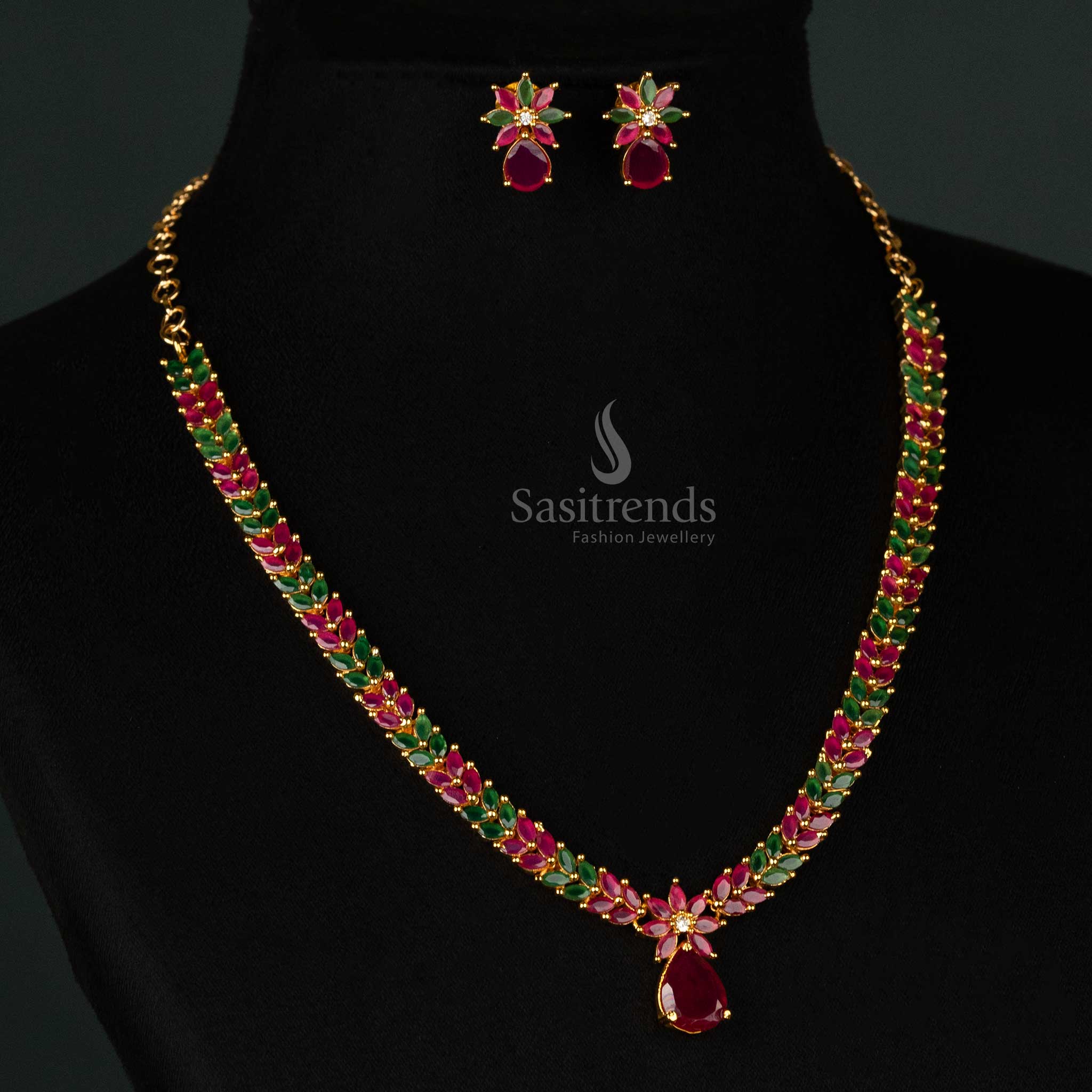 Exquisite Marquise Stone Leaf Pattern American Diamond Gold Plated Necklace Jewellery Set - Sasitrends - Image 5