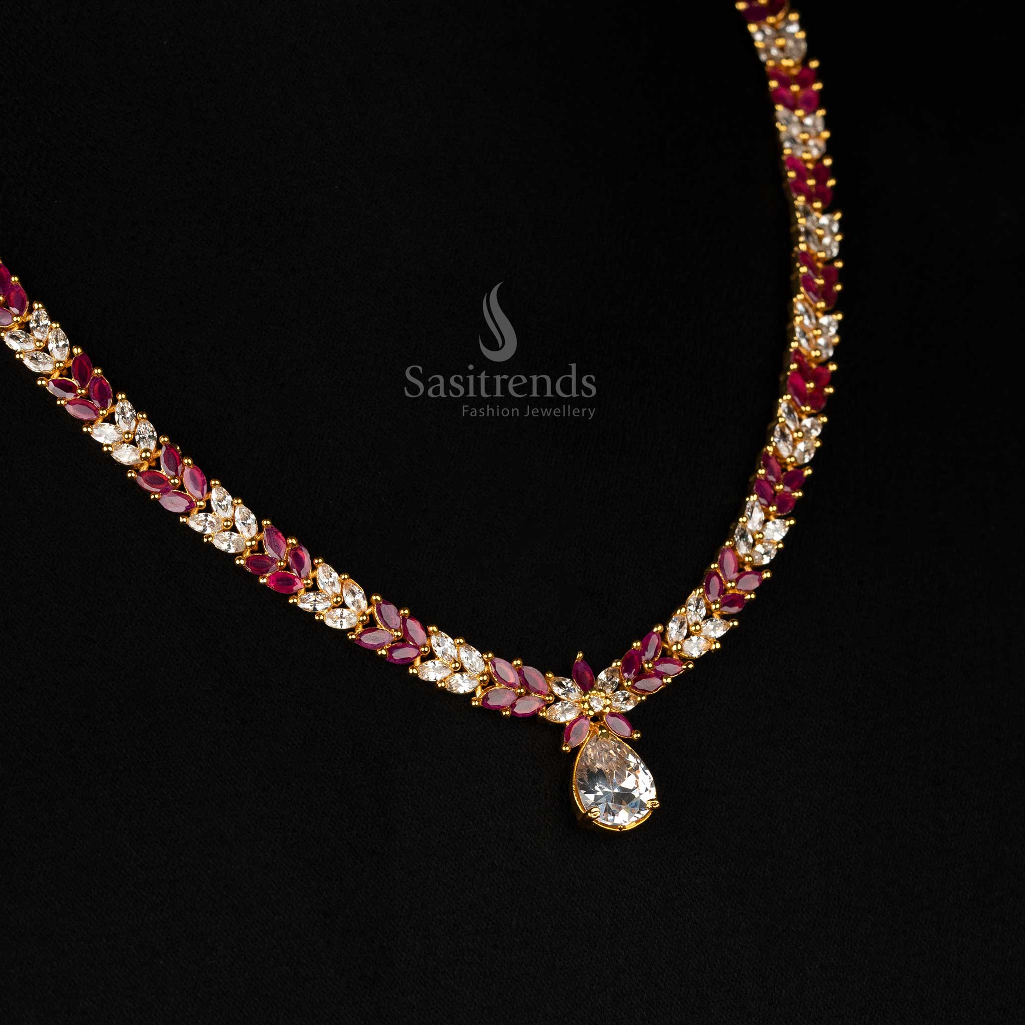 Exquisite Marquise Stone Leaf Pattern American Diamond Gold Plated Necklace Jewellery Set - Sasitrends - Image 6