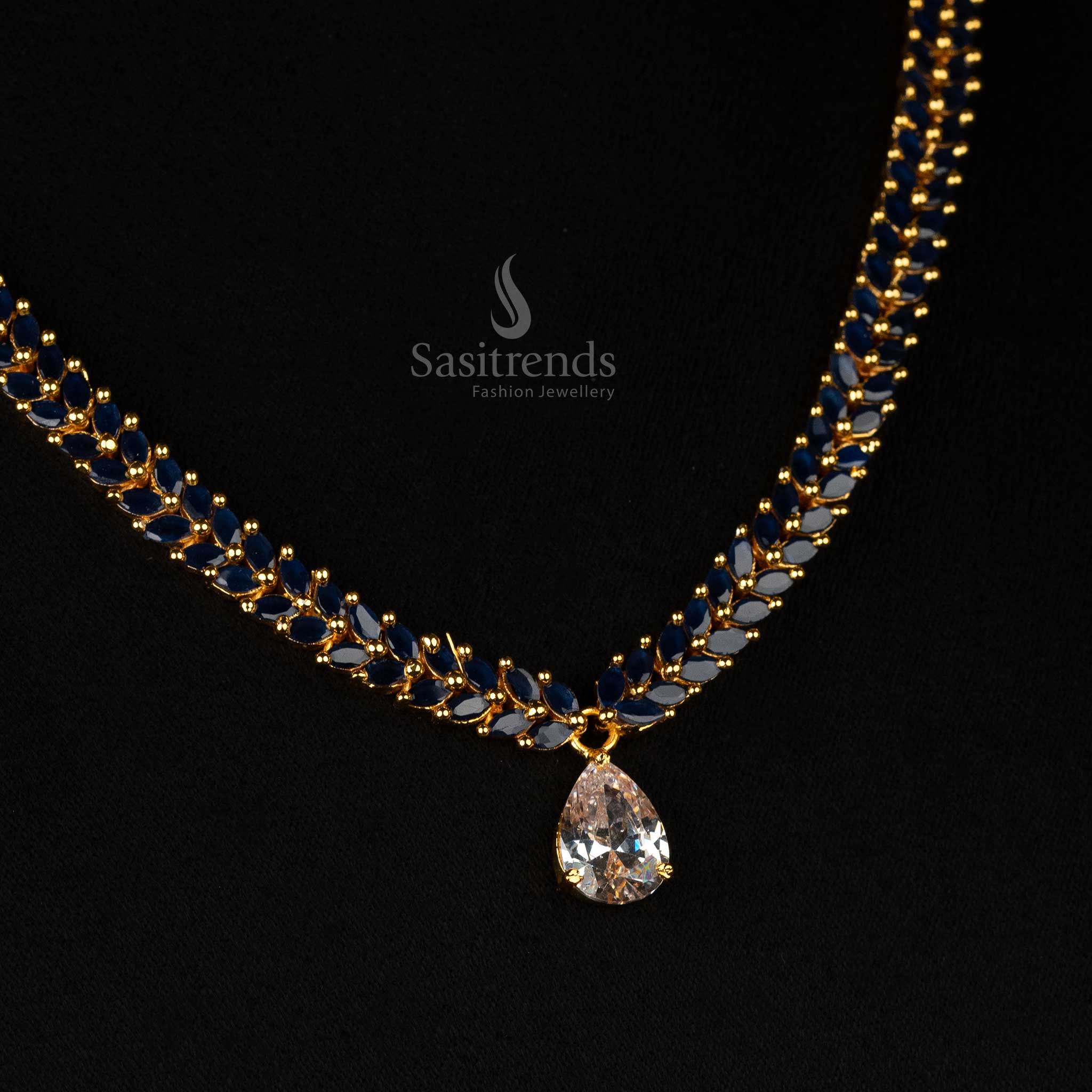 Exquisite Marquise Stone Leaf Pattern American Diamond Gold Plated Necklace Jewellery Set - Sasitrends - Image 8