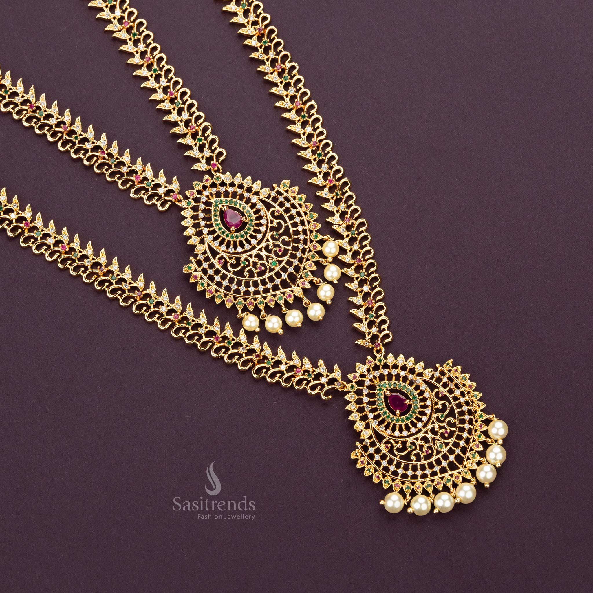 Amazing One Gram Micro Gold Plated Long & Short Necklace American Diamond Jewellery Set for weddings- Floral, Peacock & Traditional Designs - Sasitrends - Image 5