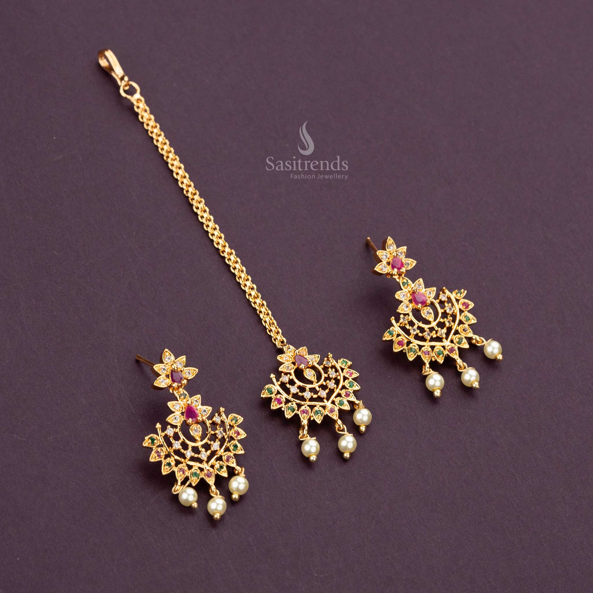Amazing One Gram Micro Gold Plated Long & Short Necklace American Diamond Jewellery Set for weddings- Floral, Peacock & Traditional Designs - Sasitrends - Image 6