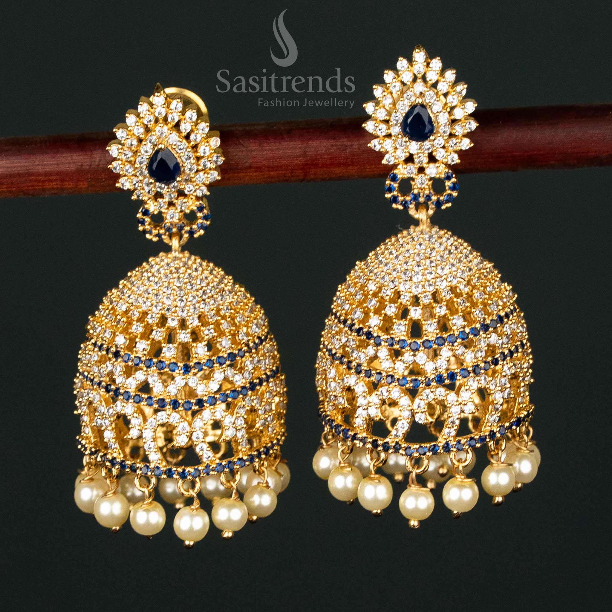 American Diamond Micro Gold Plated Big Jhumka Earrings – Grand Traditional Wear - Sasitrends - Image 3