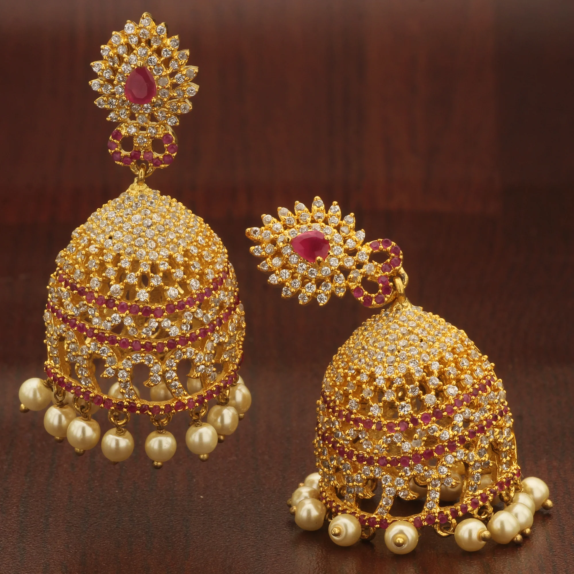 American Diamond Micro Gold Plated Big Jhumka Earrings – Grand Traditional Wear - Sasitrends - Image 4