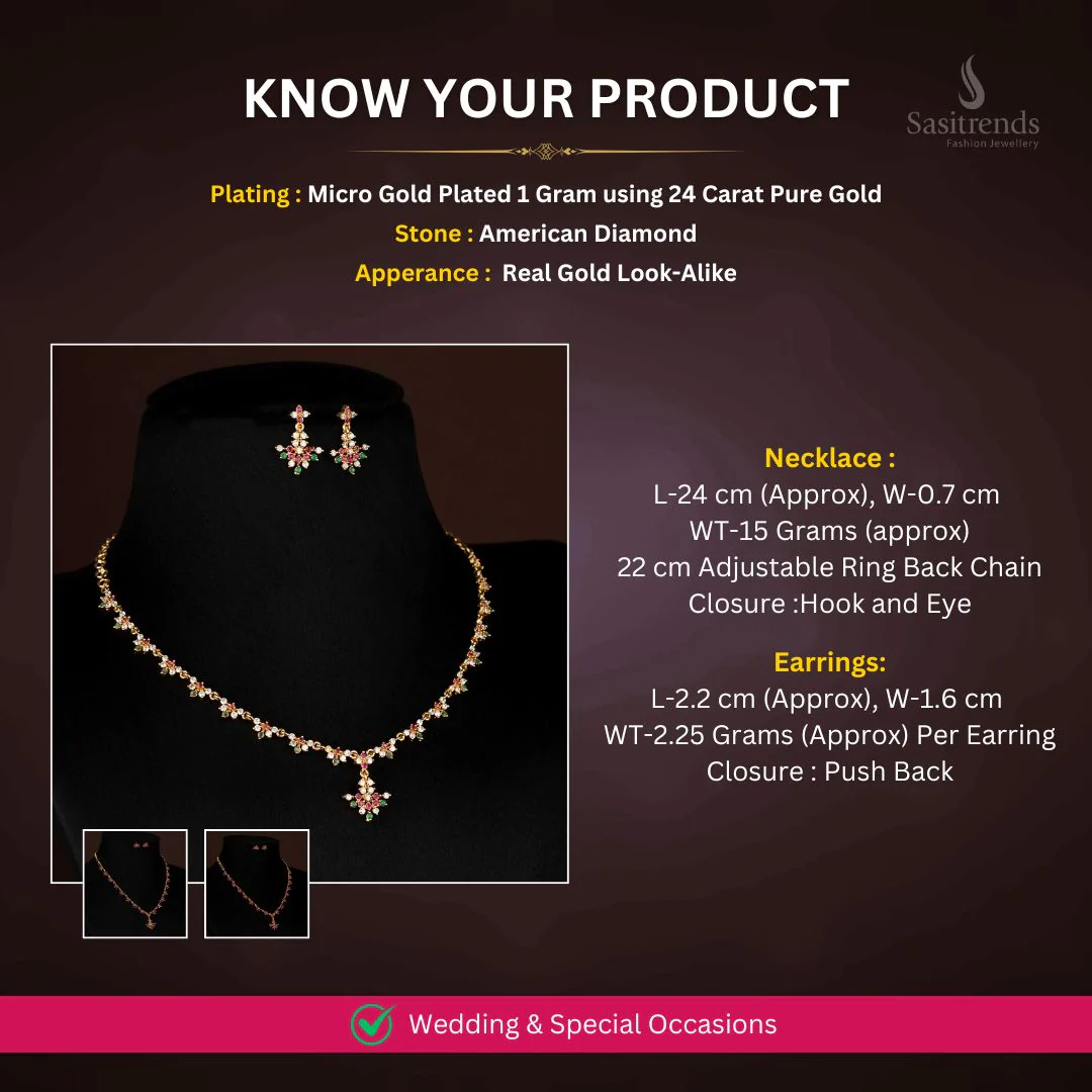 Vibrant American Diamond Micro Gold Plated Floral Cluster Necklace Jewellery Set For Special Wear - Sasitrends - Image 2
