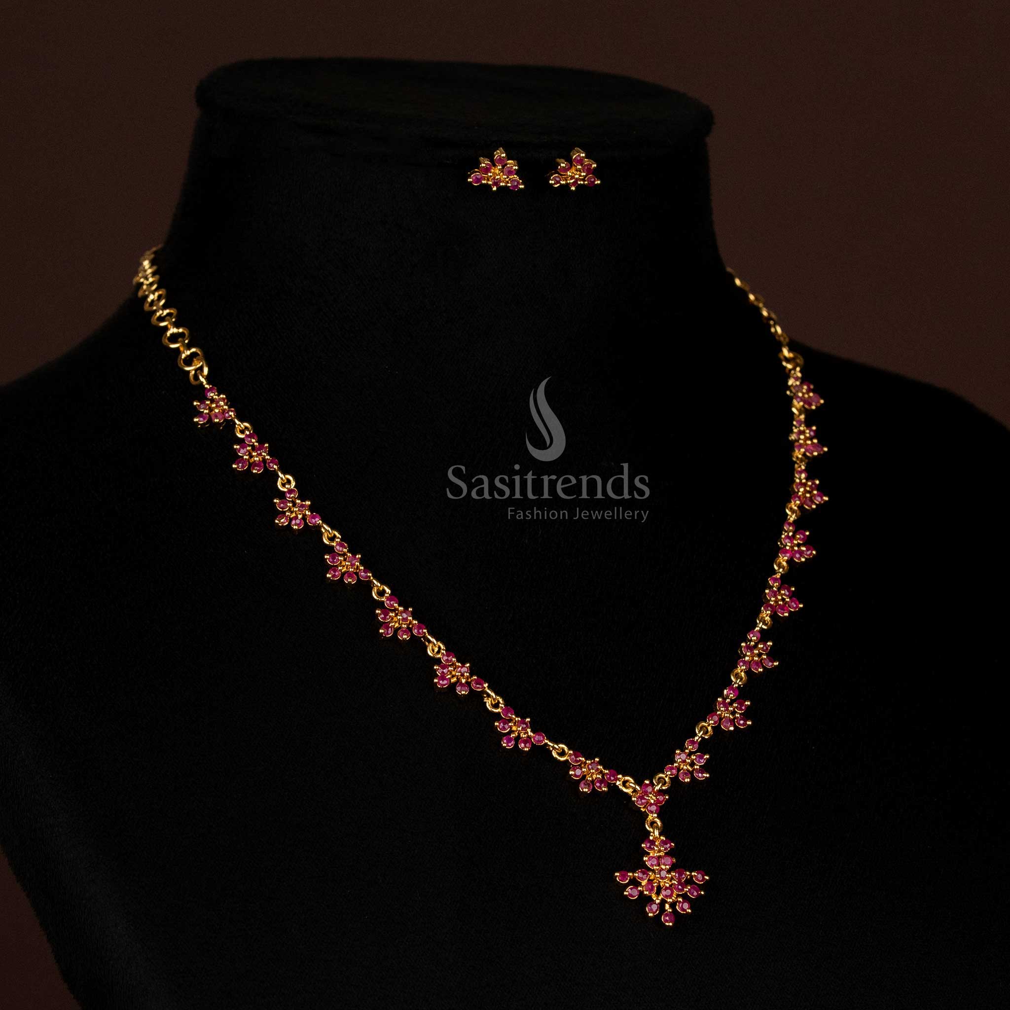 Vibrant American Diamond Micro Gold Plated Floral Cluster Necklace Jewellery Set For Special Wear - Sasitrends - Image 5