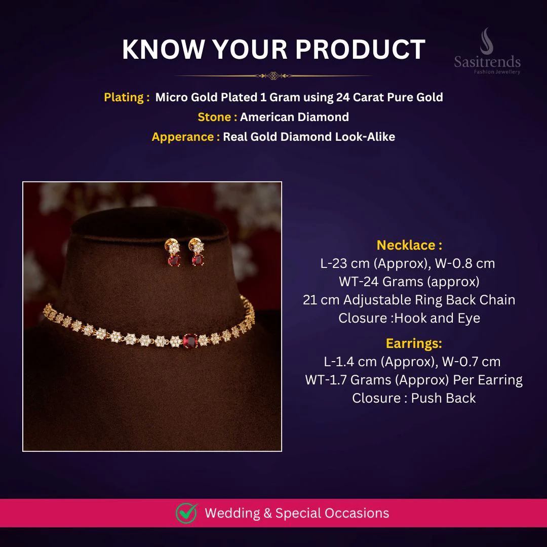 Luxurious American Diamond Floral-Link Micro Gold Plated Necklace Jewellery Set with Square-Cut Red Centre Stone | Real Gold Look Alike - Image 2