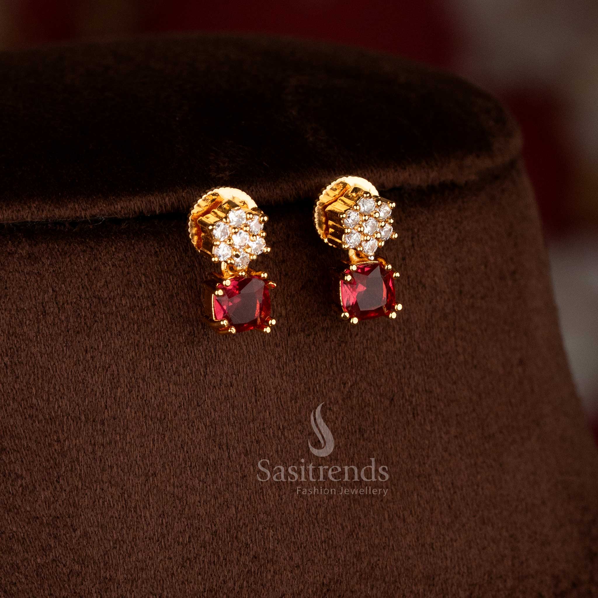 Luxurious American Diamond Floral-Link Micro Gold Plated Necklace Jewellery Set with Square-Cut Red Centre Stone | Real Gold Look Alike - Image 4