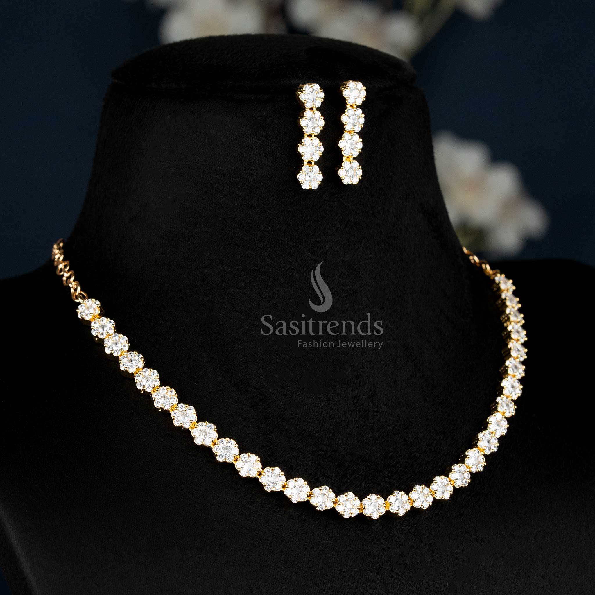 American Diamond Floral Necklace Jewellery Set with Micro Gold Plating For Luxury Parties - Sasitrends - Image 3