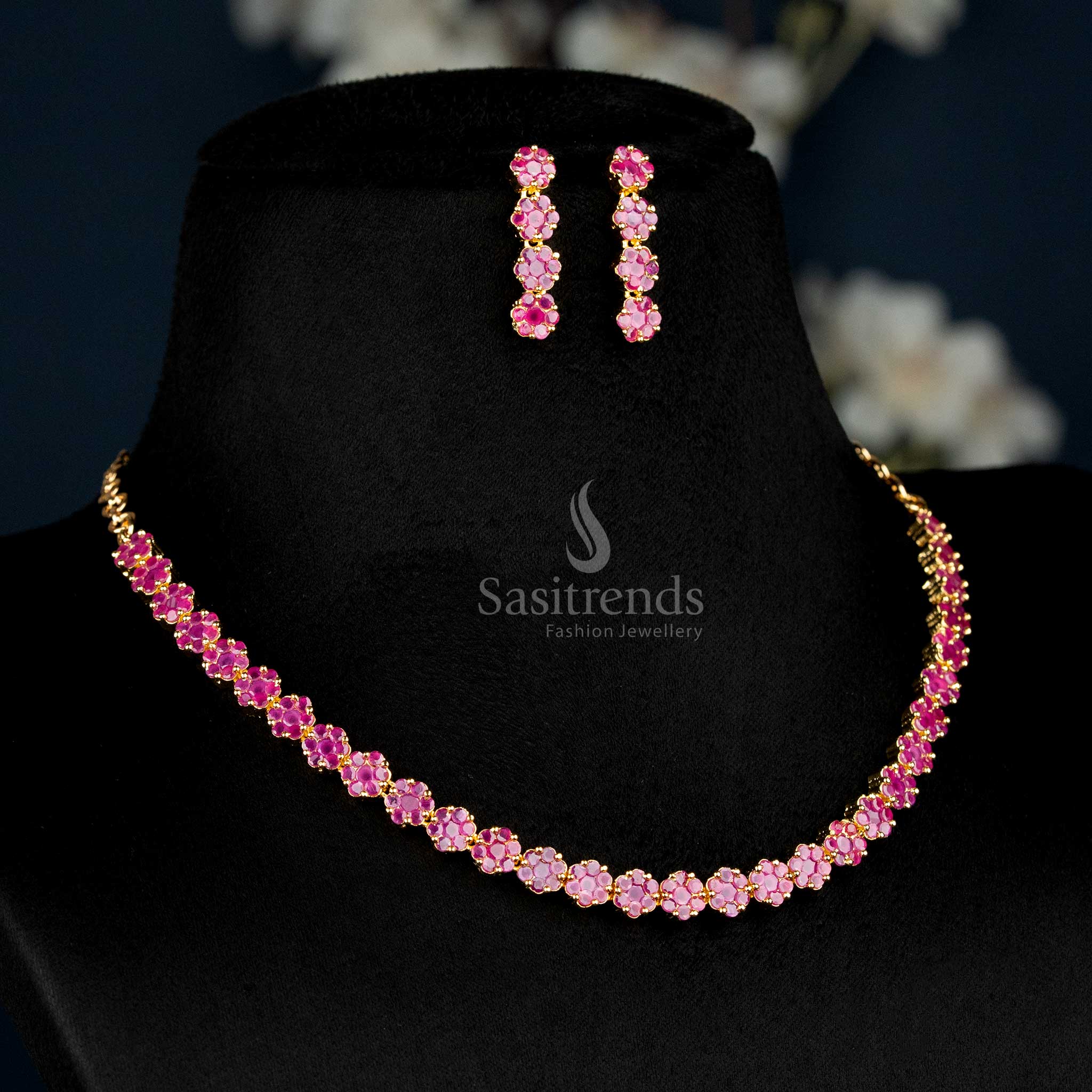American Diamond Floral Necklace Jewellery Set with Micro Gold Plating For Luxury Parties - Sasitrends - Image 4