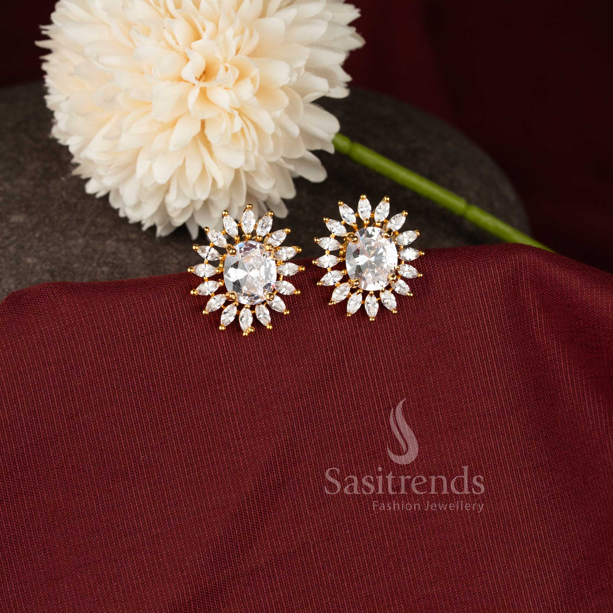 American Diamond Oval Floral Stud Earrings with Gold Plated Finish – Classic Statement Wear - Sasitrends - Image 10