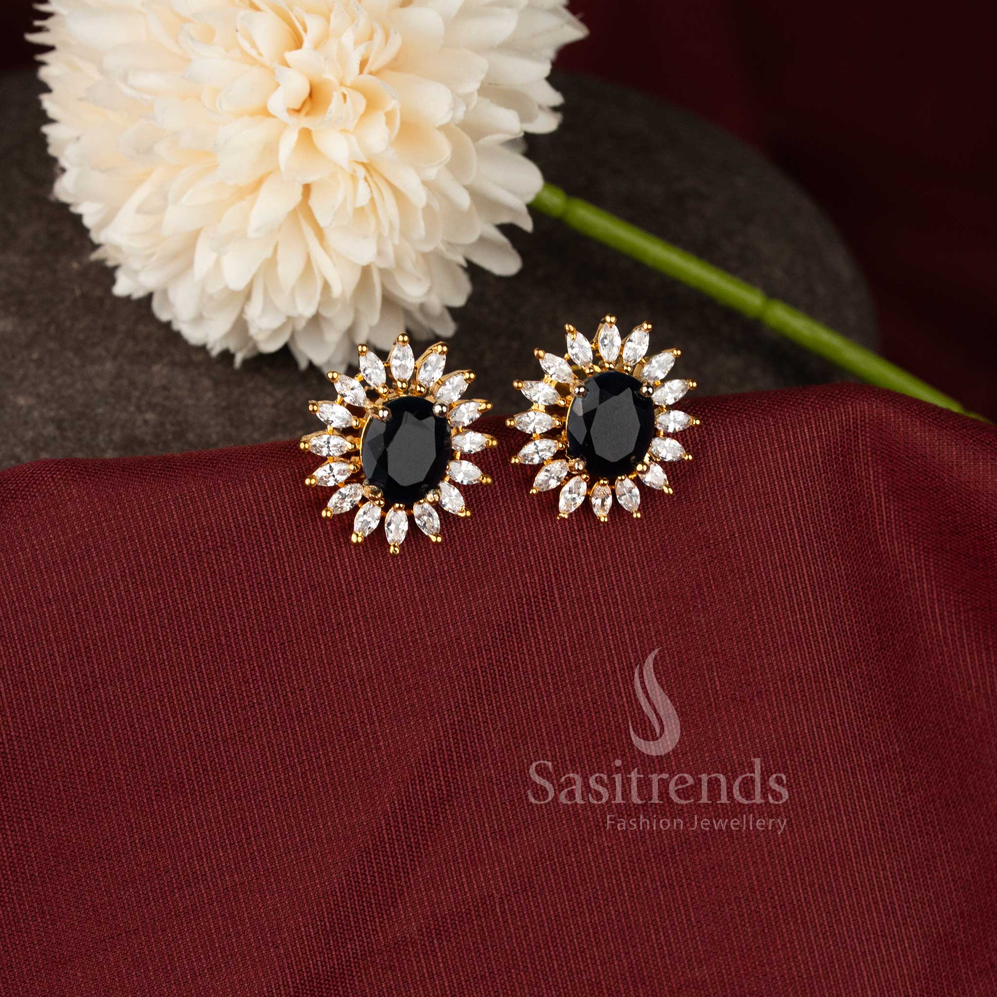 American Diamond Oval Floral Stud Earrings with Gold Plated Finish – Classic Statement Wear - Sasitrends - Image 11