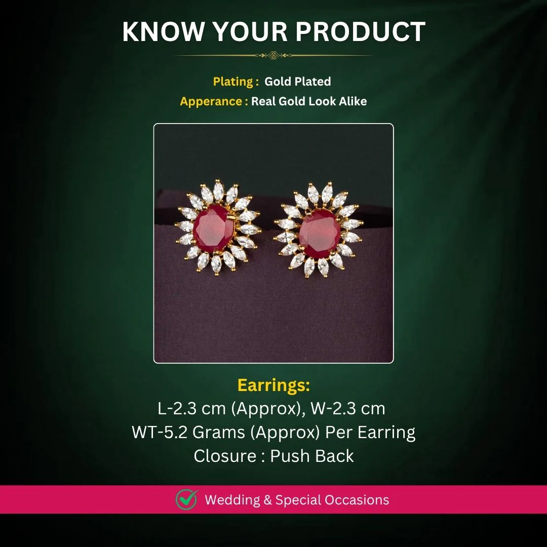 American Diamond Oval Floral Stud Earrings with Gold Plated Finish – Classic Statement Wear - Sasitrends - Image 3