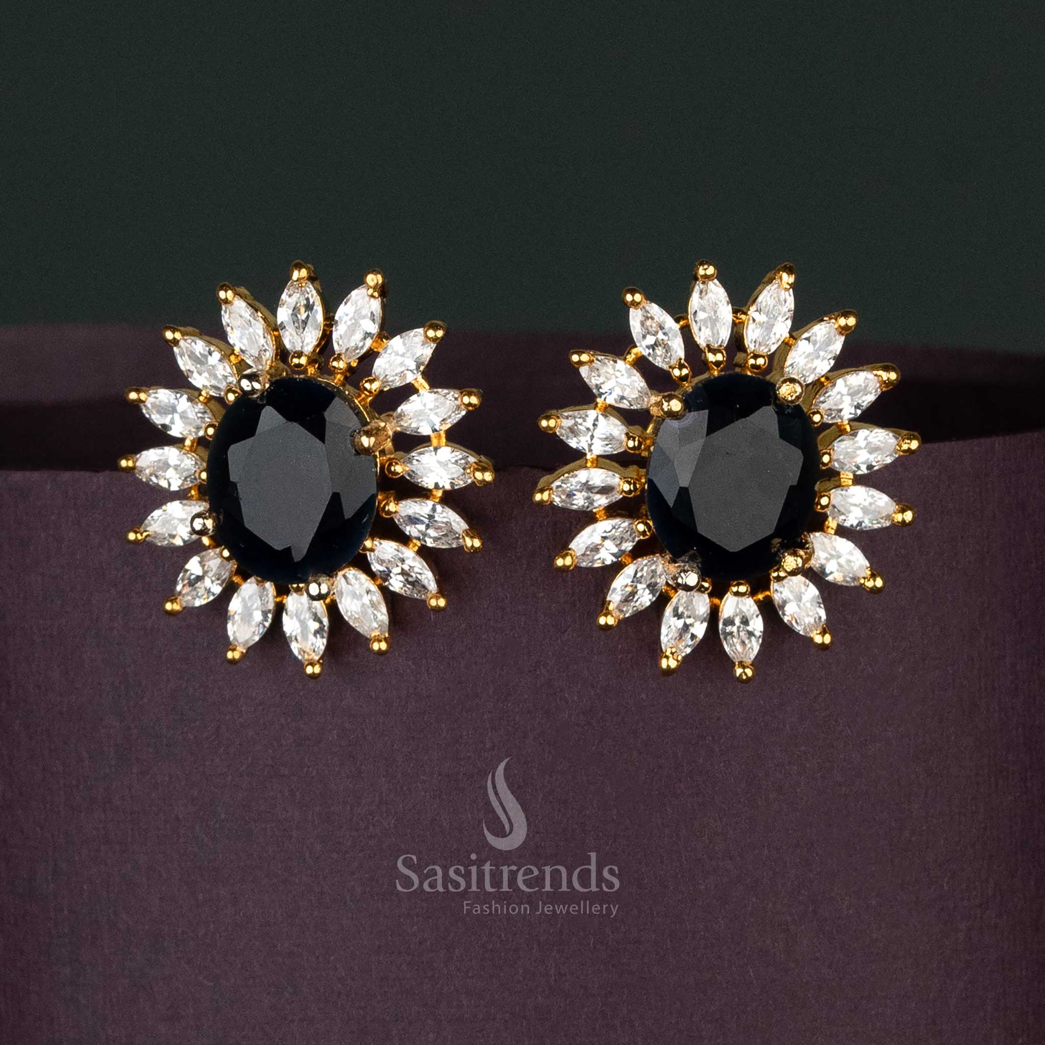 American Diamond Oval Floral Stud Earrings with Gold Plated Finish – Classic Statement Wear - Sasitrends - Image 4