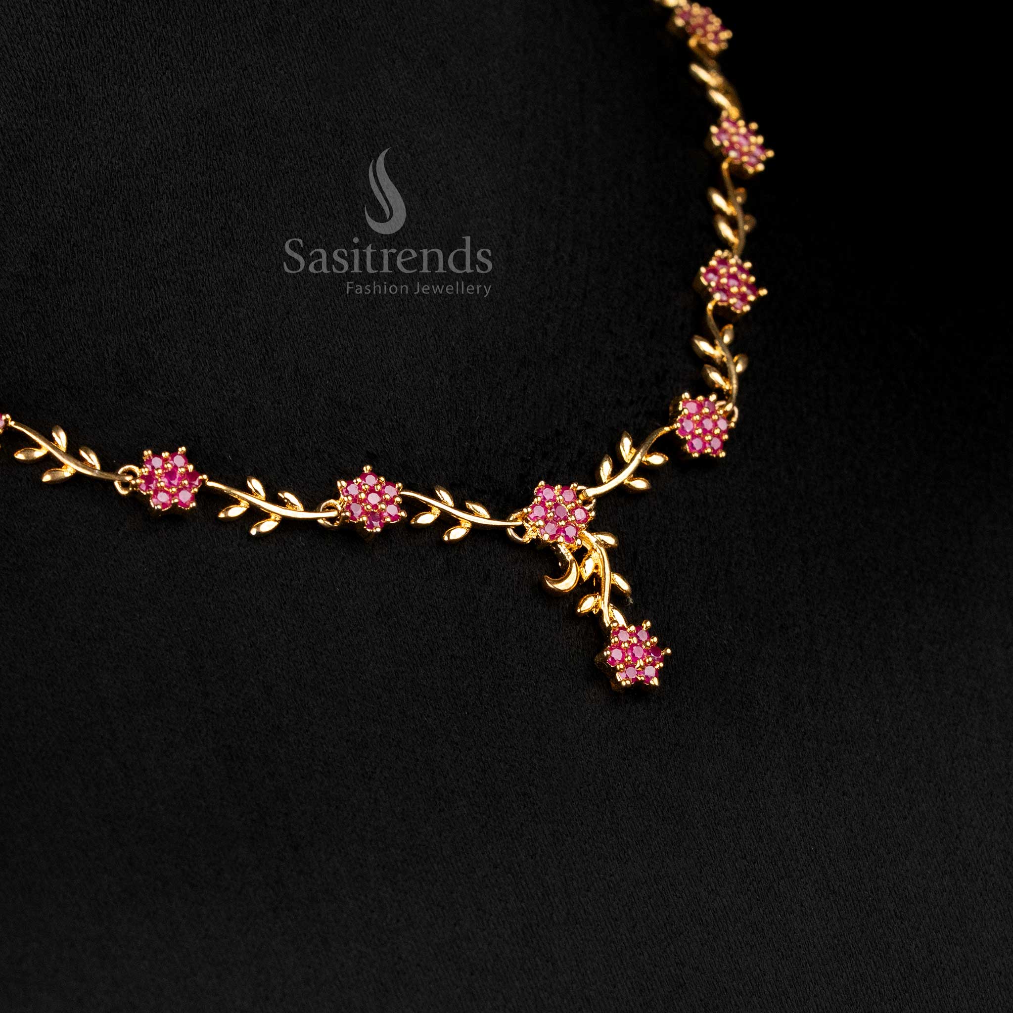 American Diamond Floral Vine Necklace Jewellery Set with Micro Gold Plating For Grand Parties - Sasitrends - Image 10
