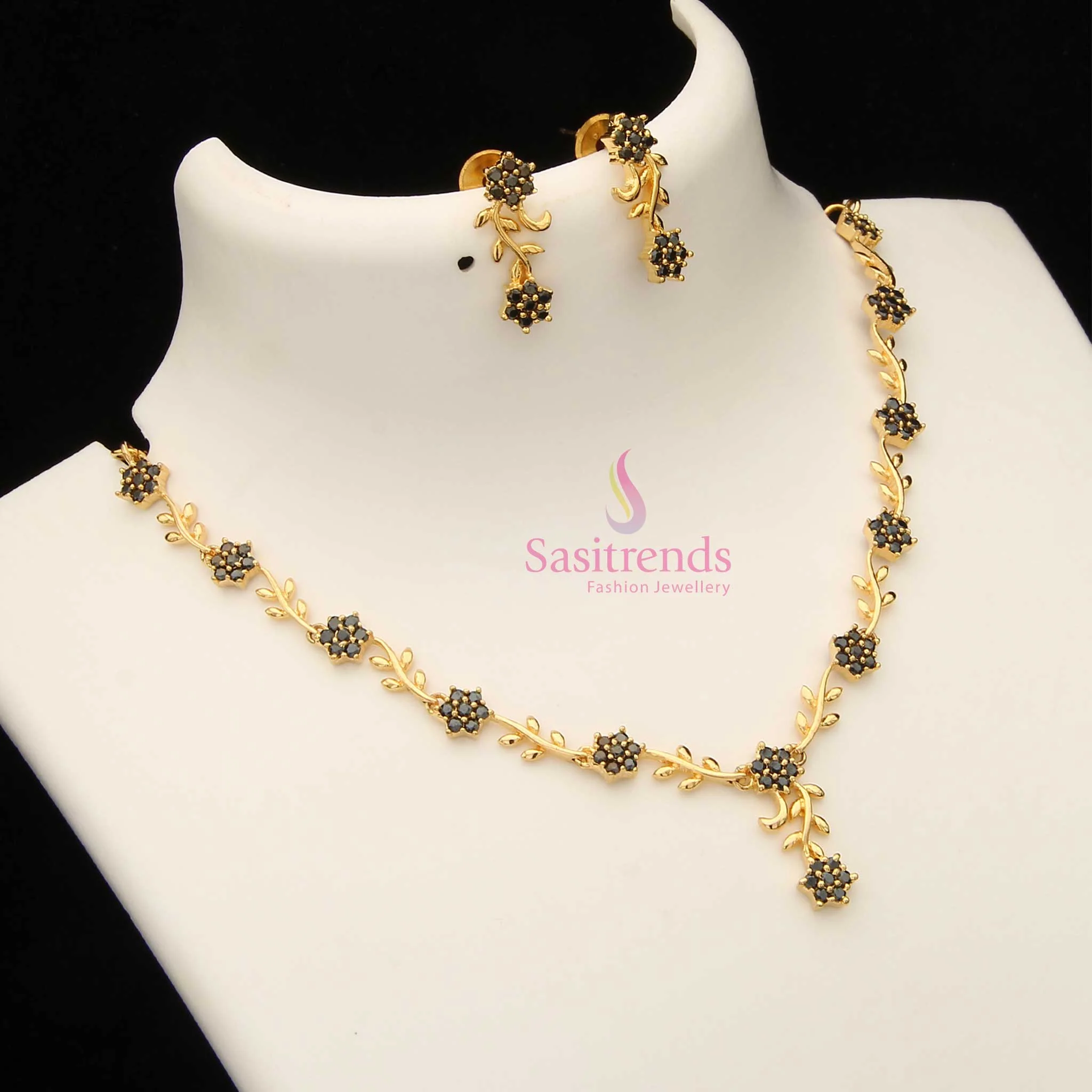 American Diamond Floral Vine Necklace Jewellery Set with Micro Gold Plating For Grand Parties - Sasitrends - Image 11