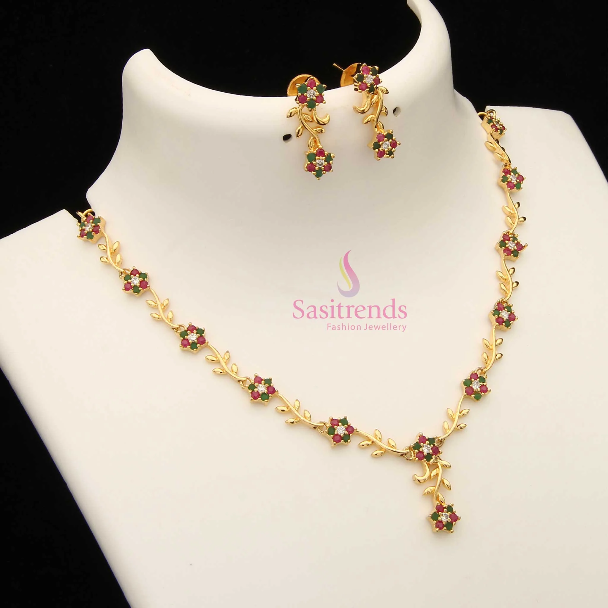 American Diamond Floral Vine Necklace Jewellery Set with Micro Gold Plating For Grand Parties - Sasitrends - Image 12