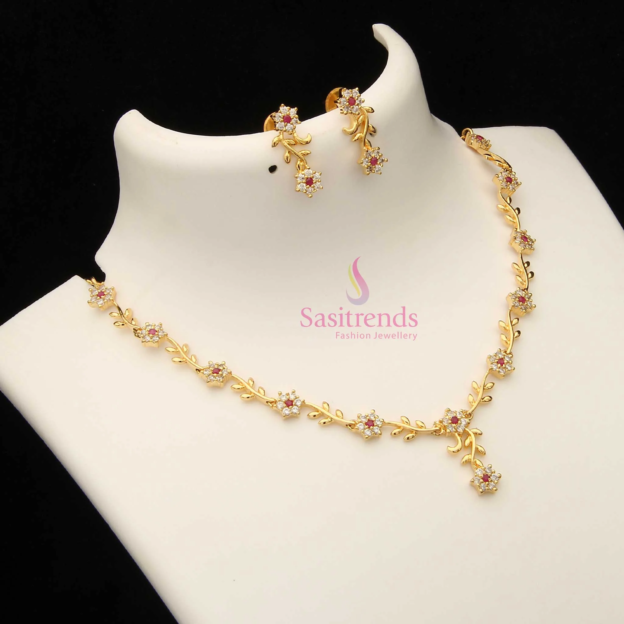 American Diamond Floral Vine Necklace Jewellery Set with Micro Gold Plating For Grand Parties - Sasitrends - Image 13