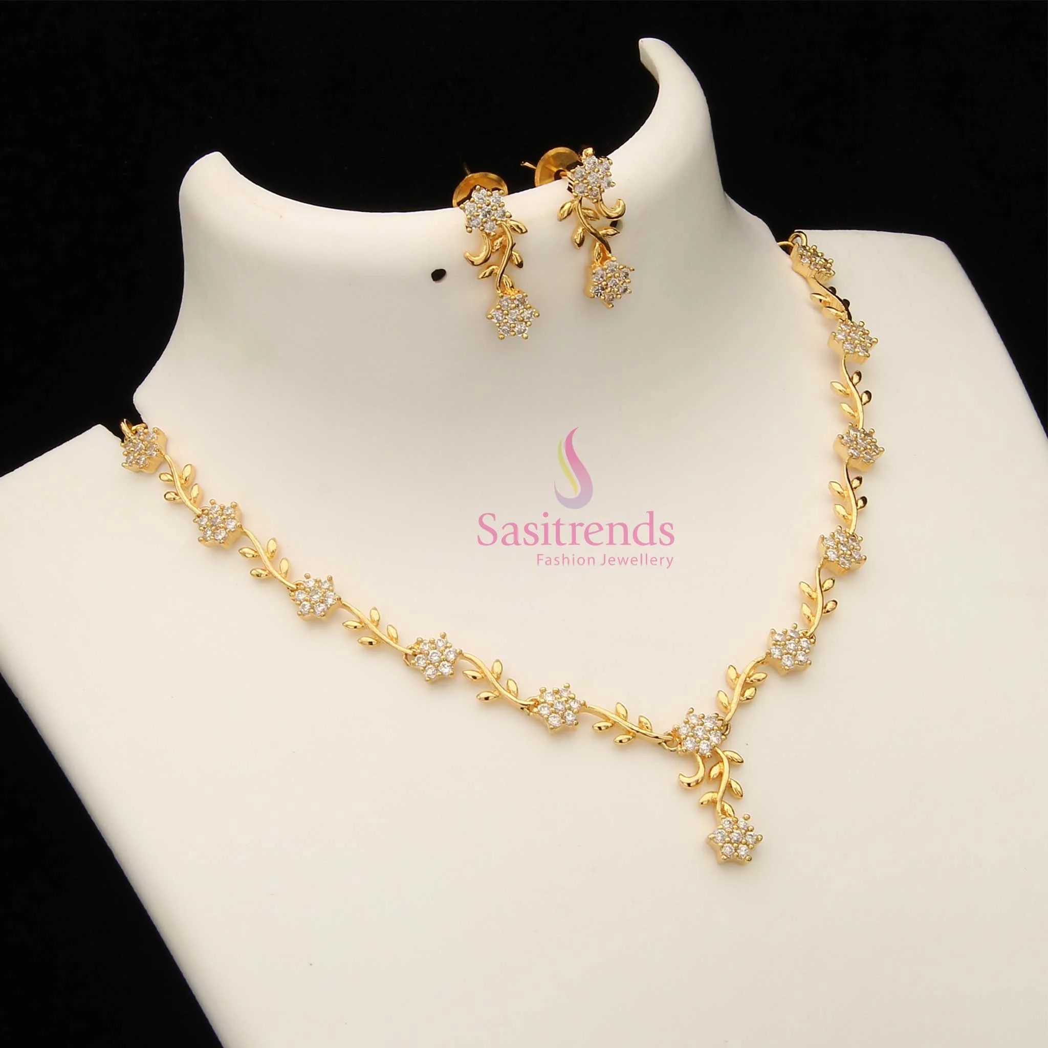 American Diamond Floral Vine Necklace Jewellery Set with Micro Gold Plating For Grand Parties - Sasitrends - Image 14