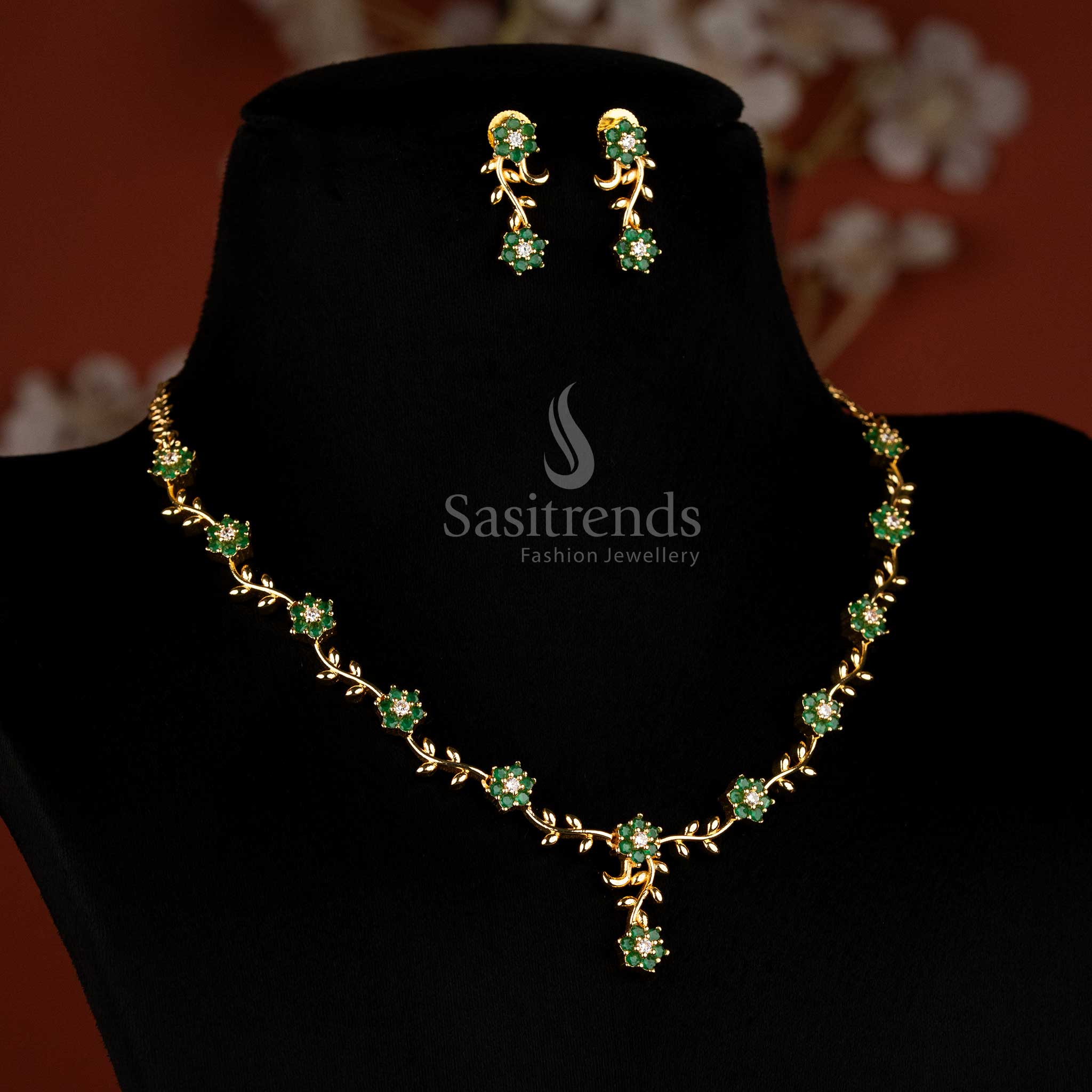 American Diamond Floral Vine Necklace Jewellery Set with Micro Gold Plating For Grand Parties - Sasitrends - Image 15