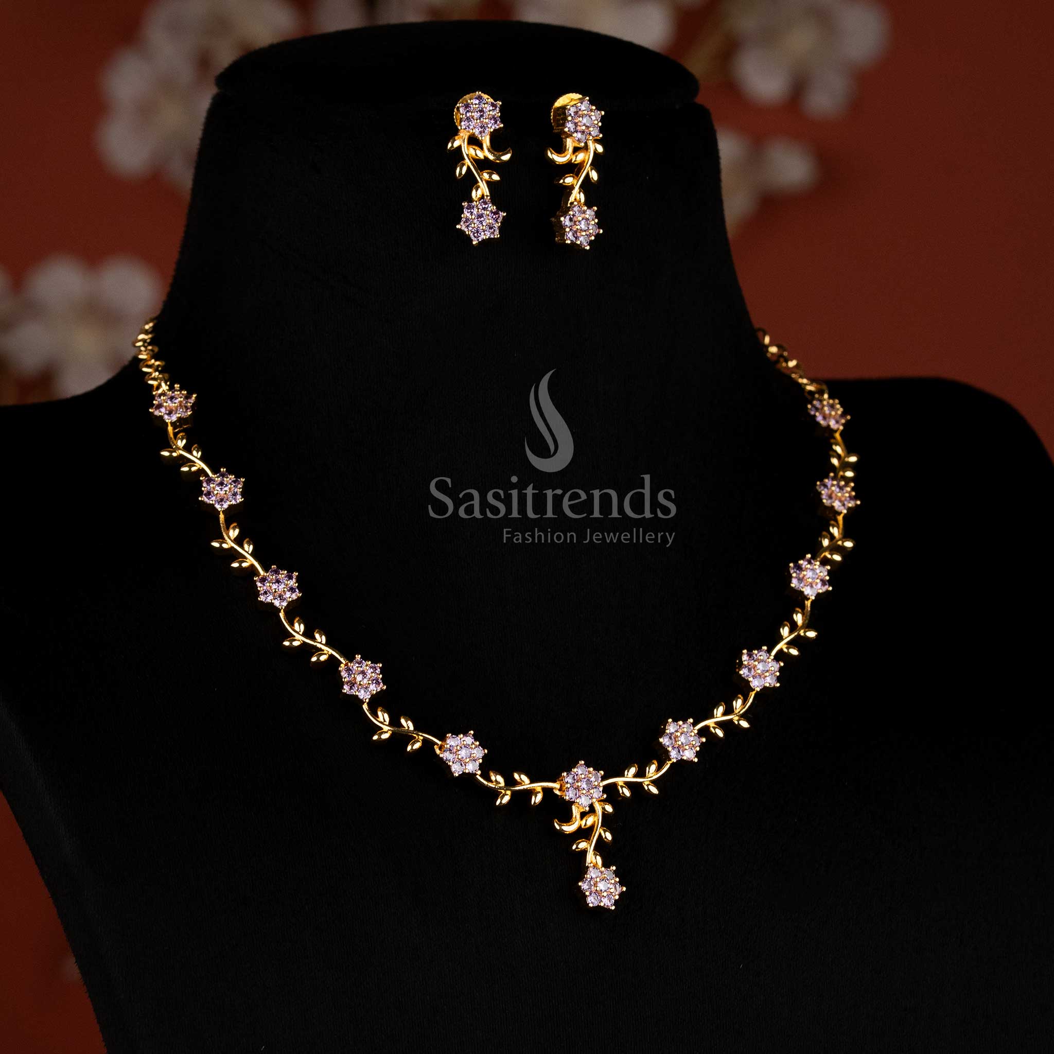 American Diamond Floral Vine Necklace Jewellery Set with Micro Gold Plating For Grand Parties - Sasitrends - Image 16