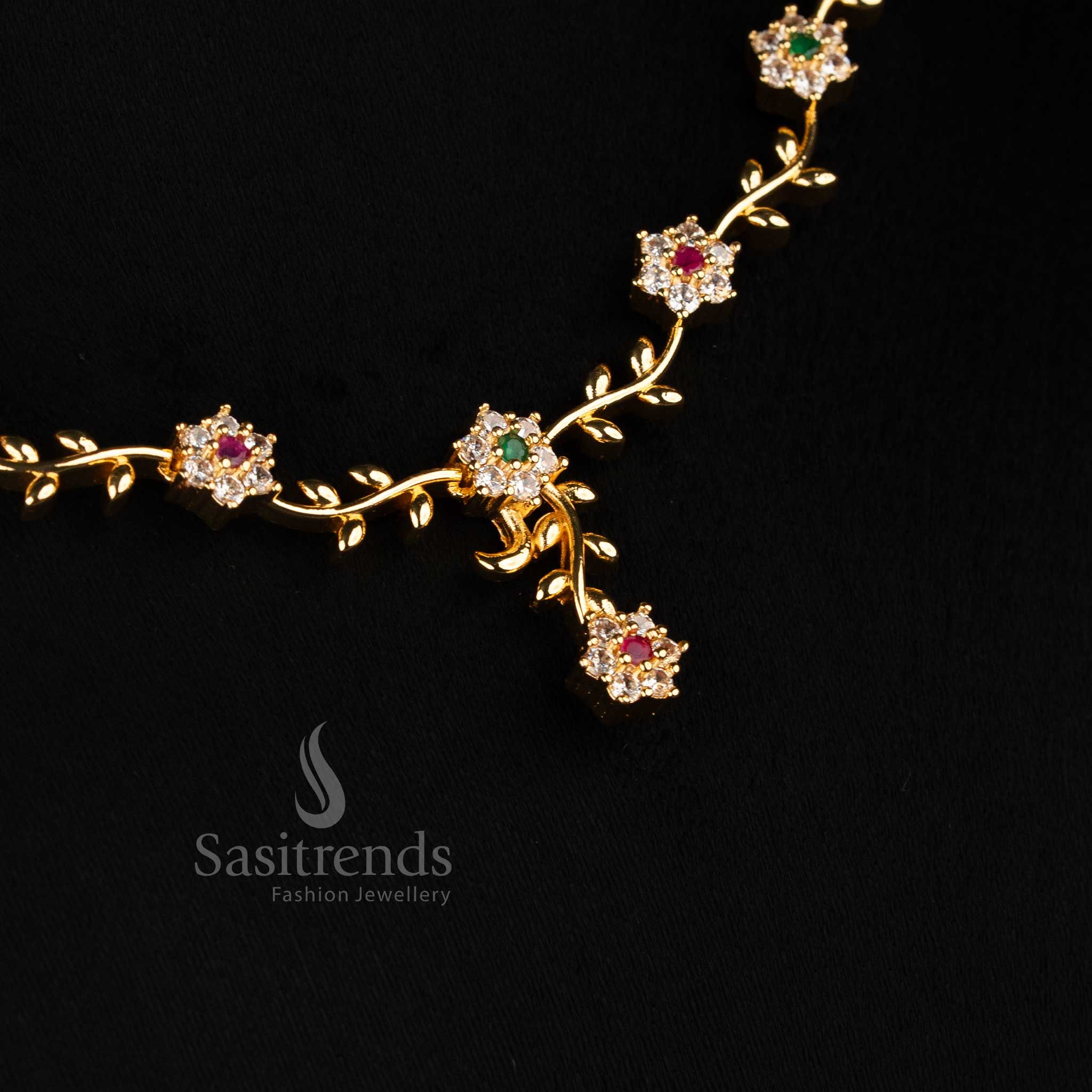American Diamond Floral Vine Necklace Jewellery Set with Micro Gold Plating For Grand Parties - Sasitrends - Image 18
