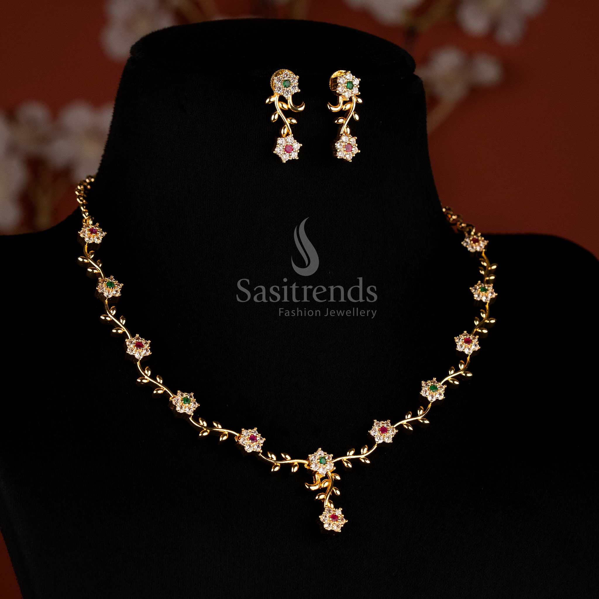 American Diamond Floral Vine Necklace Jewellery Set with Micro Gold Plating For Grand Parties - Sasitrends - Image 19