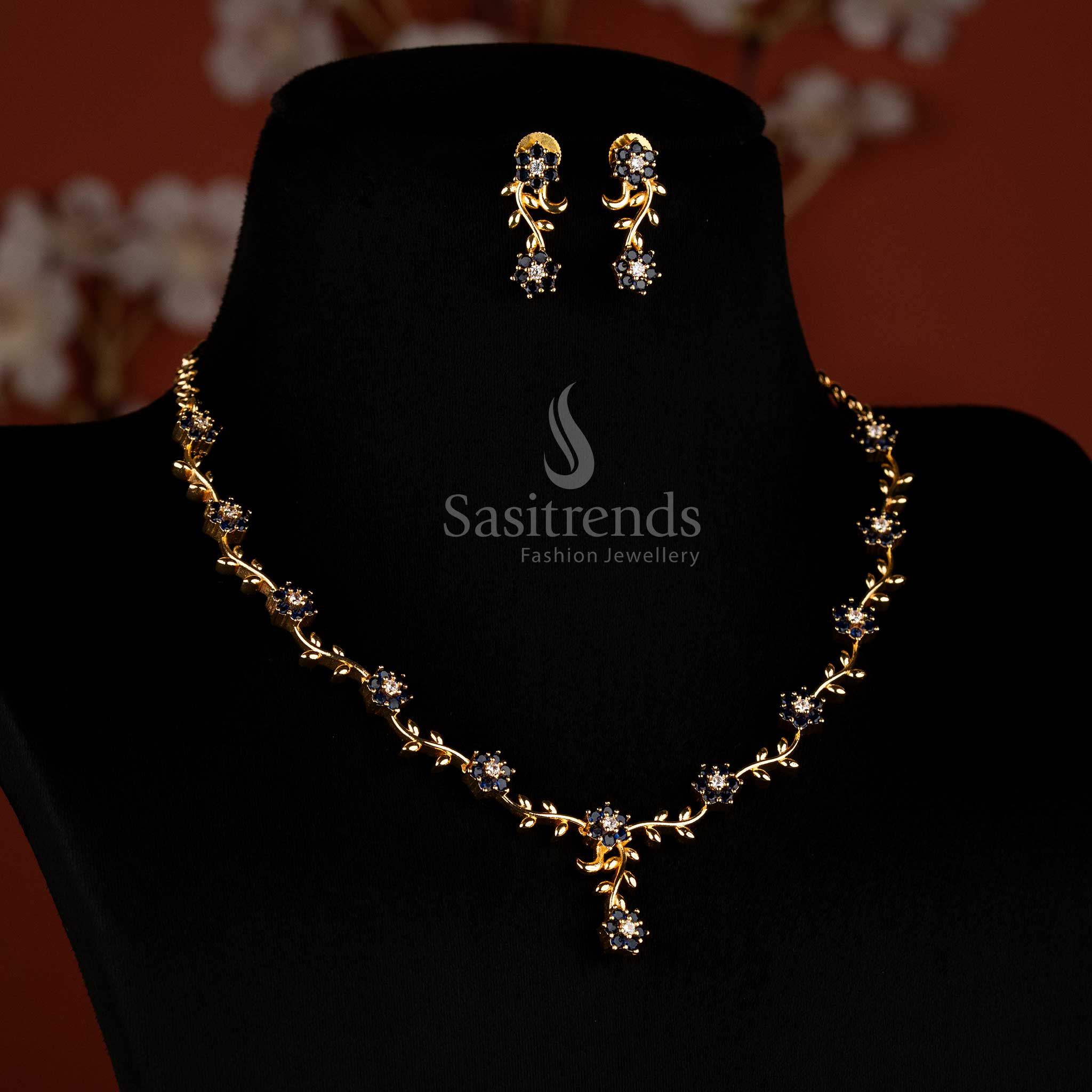 American Diamond Floral Vine Necklace Jewellery Set with Micro Gold Plating For Grand Parties - Sasitrends - Image 20