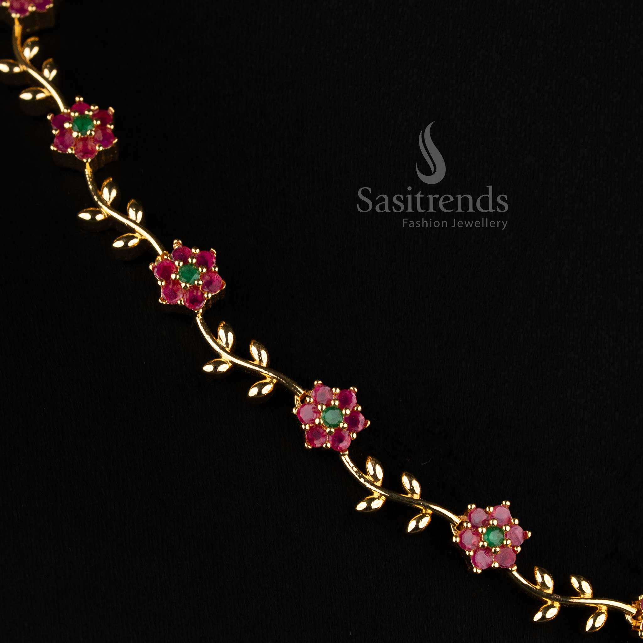 American Diamond Floral Vine Necklace Jewellery Set with Micro Gold Plating For Grand Parties - Sasitrends - Image 21