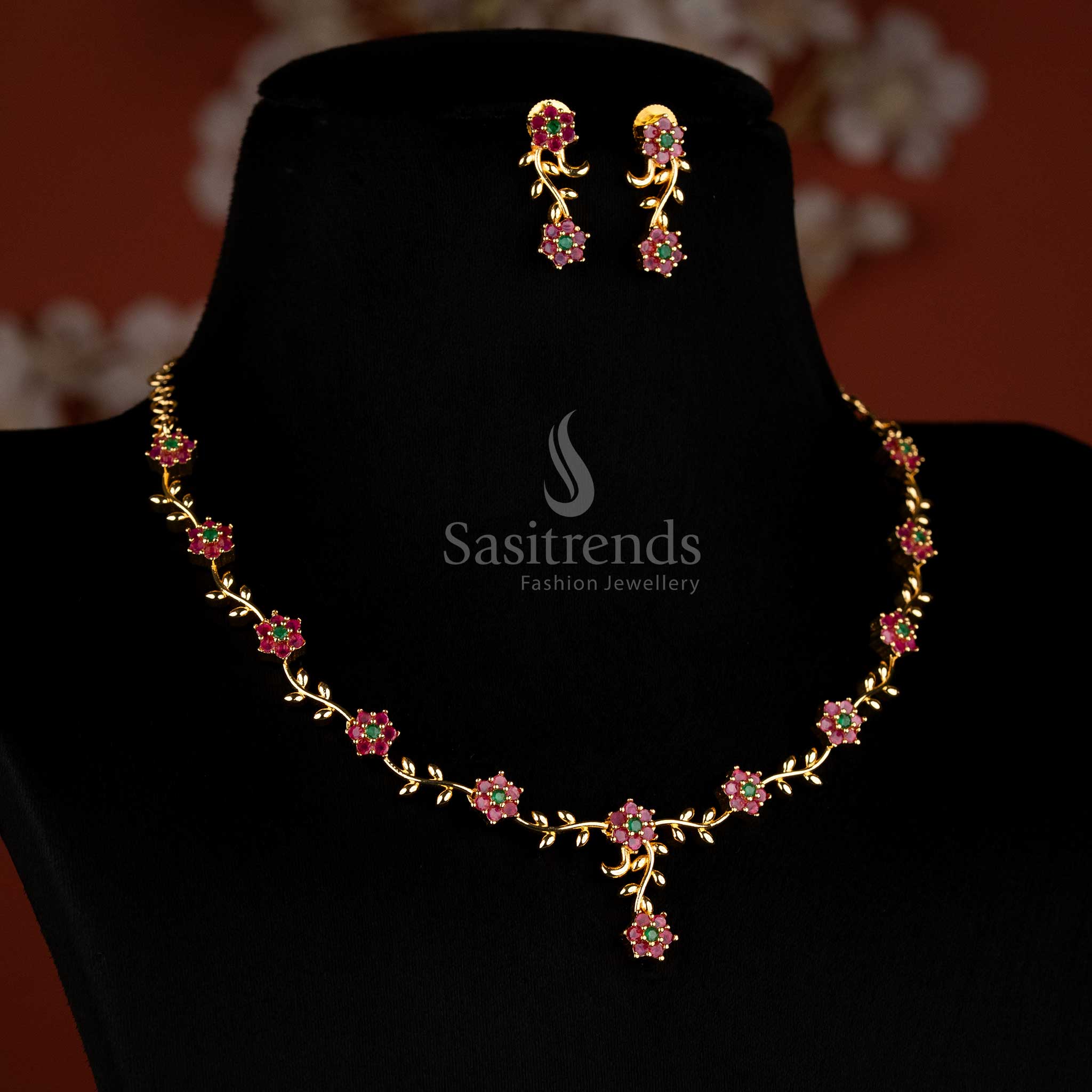 American Diamond Floral Vine Necklace Jewellery Set with Micro Gold Plating For Grand Parties - Sasitrends - Image 22